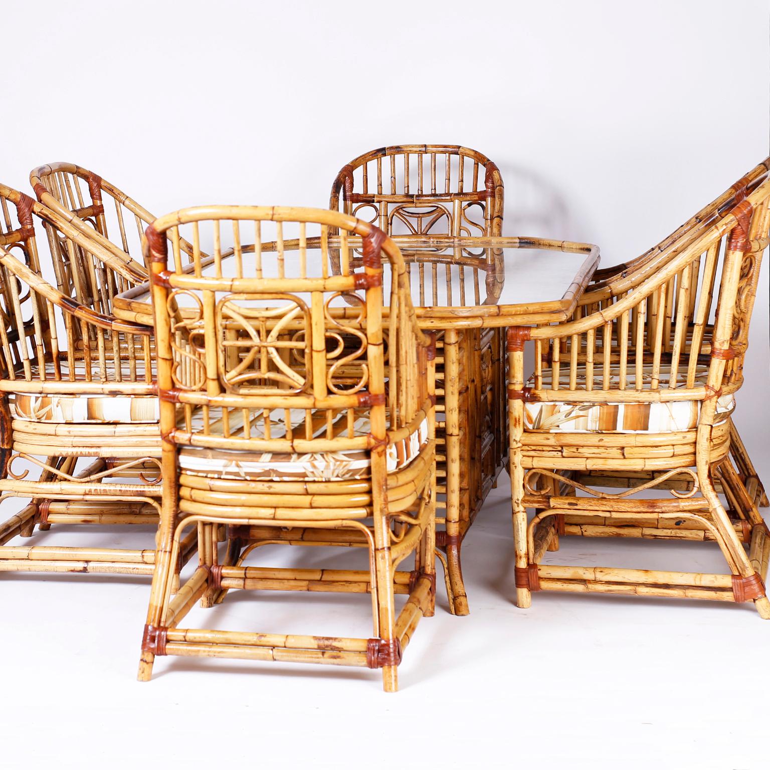 Set of Six Midcentury Burnt Bamboo Dining Armchairs 5