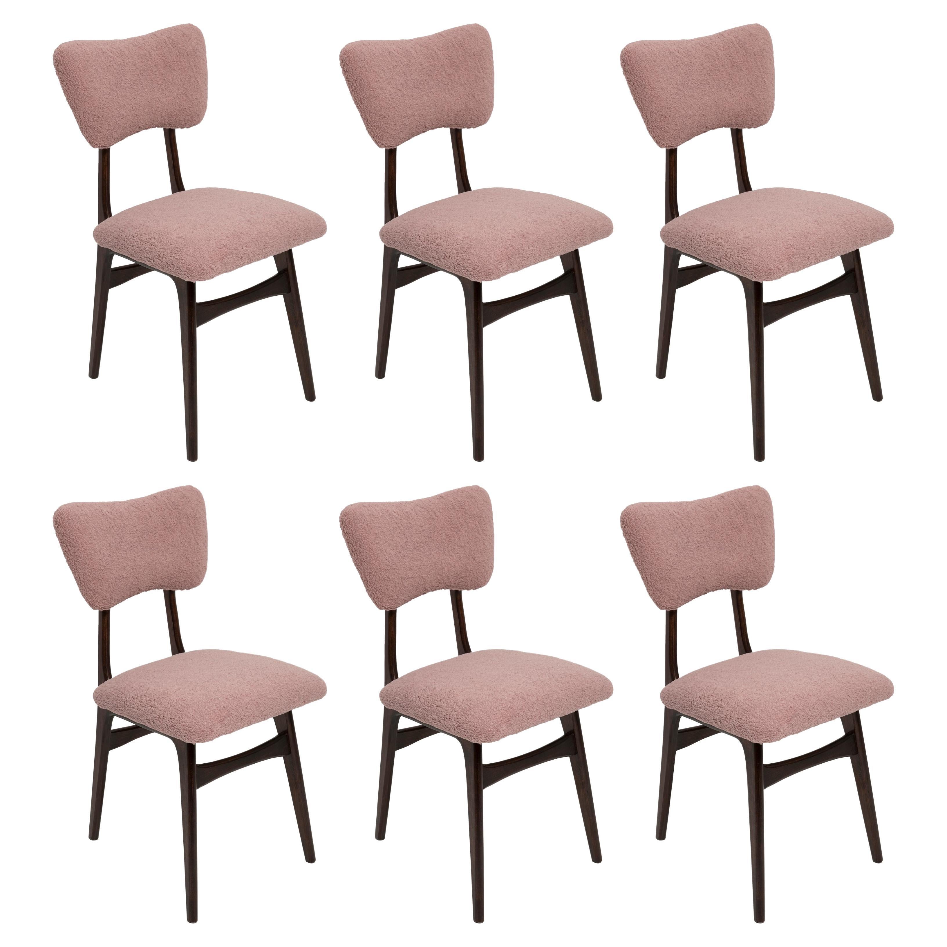 Set of Six Mid Century Butterfly Dining Chairs, Pink Boucle, Europe, 1960s For Sale