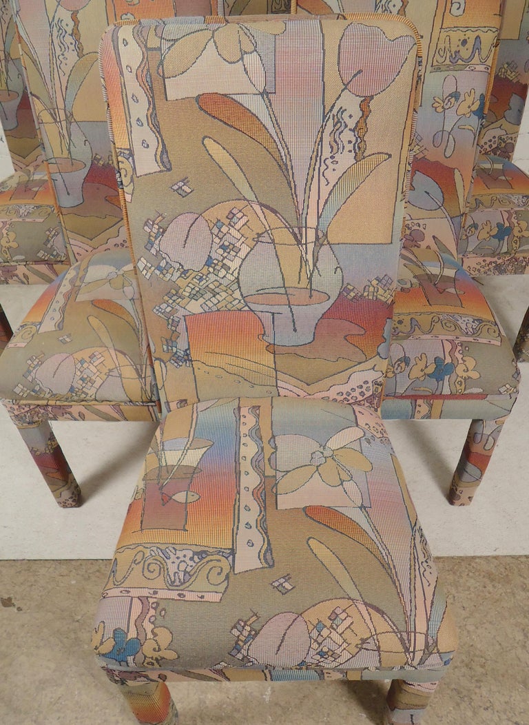 Six vintage modern dining chairs with wild vintage upholstery. Chairs are fully covered, front and back.
(Please confirm item location - NY or NJ - with dealer).
 