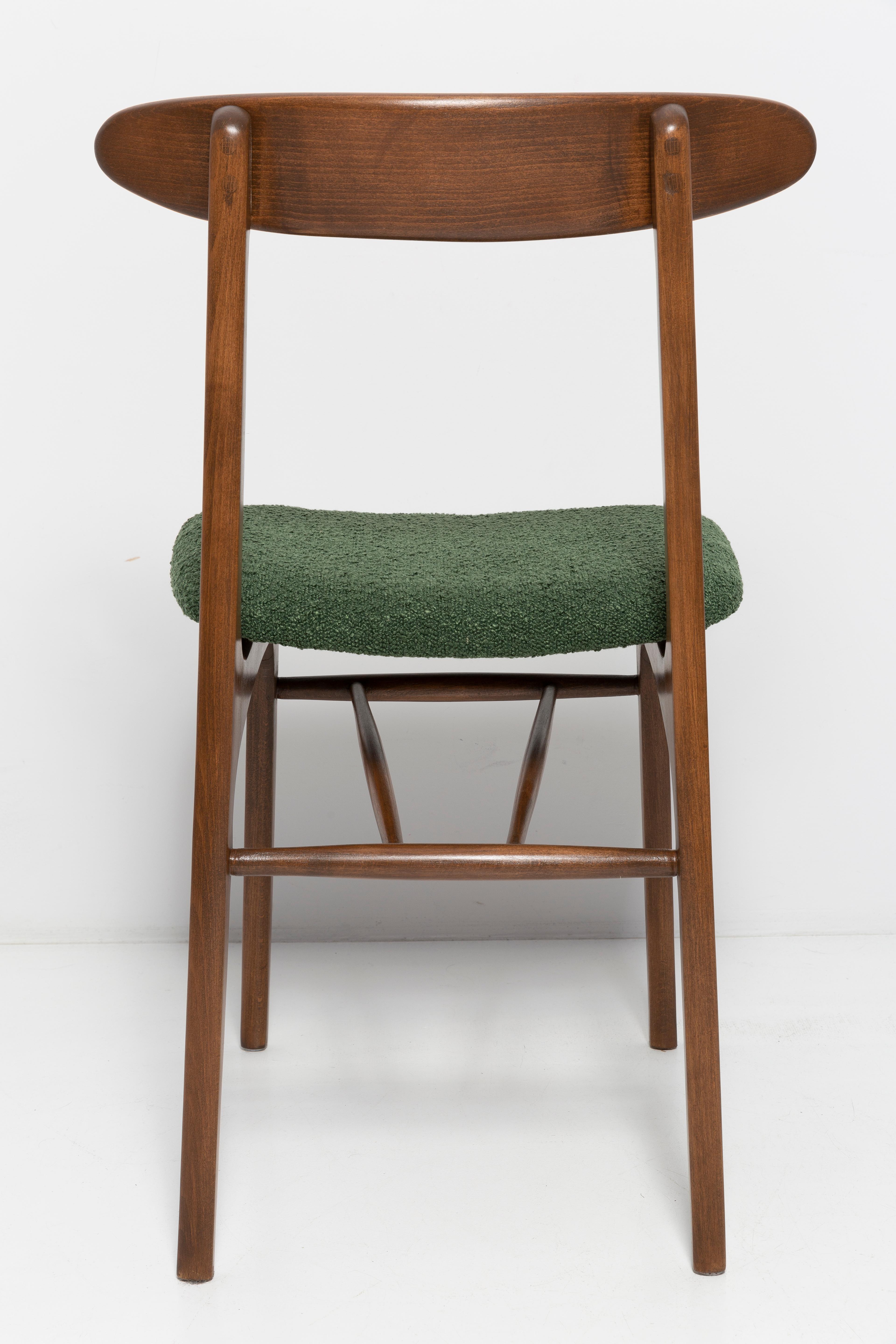 Set of Six Mid Century Chairs Green Boucle, Walnut, Rajmund Halas, Poland, 1960s For Sale 3