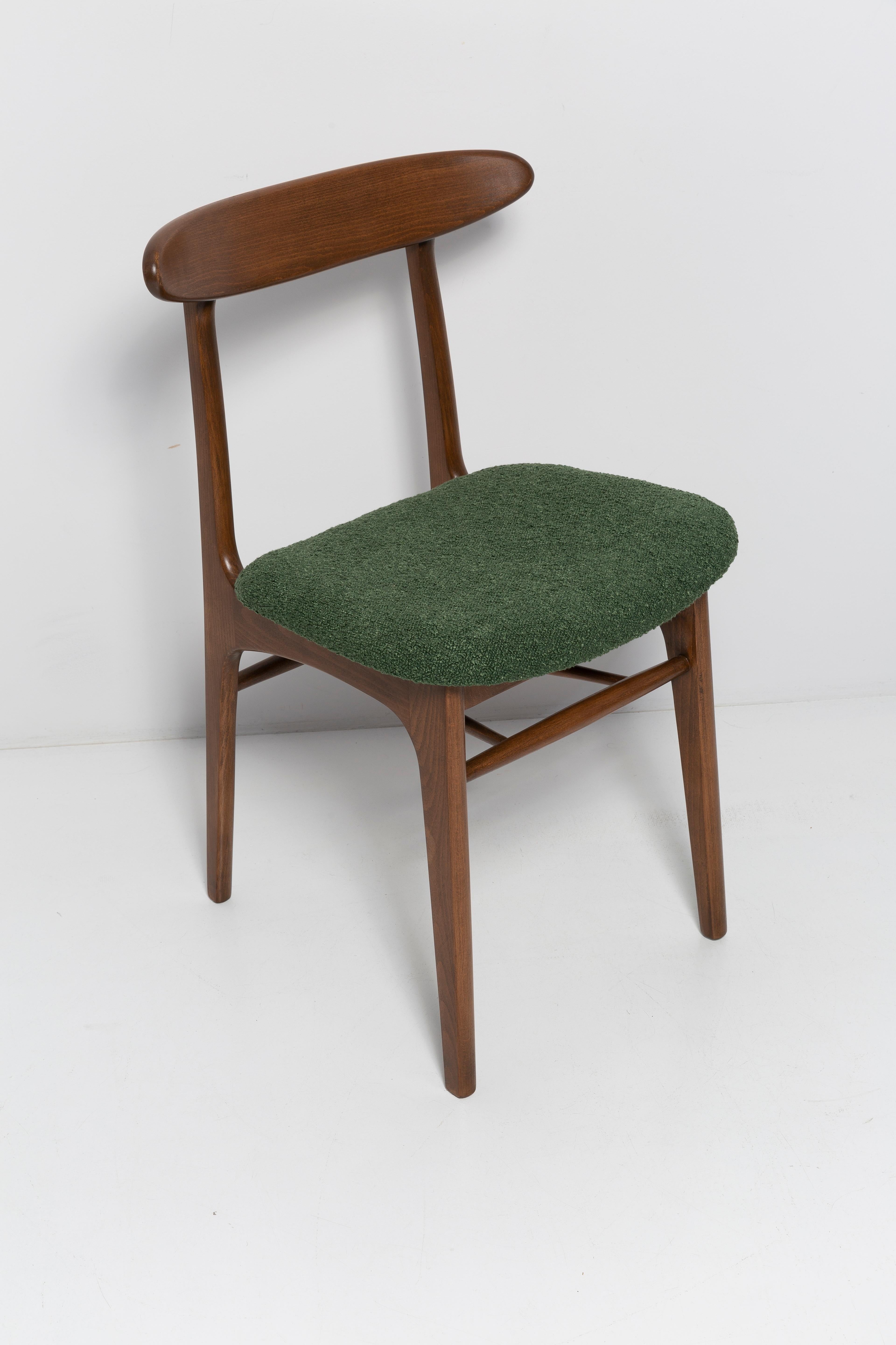 Mid-Century Modern Set of Six Mid Century Chairs Green Boucle, Walnut, Rajmund Halas, Poland, 1960s For Sale