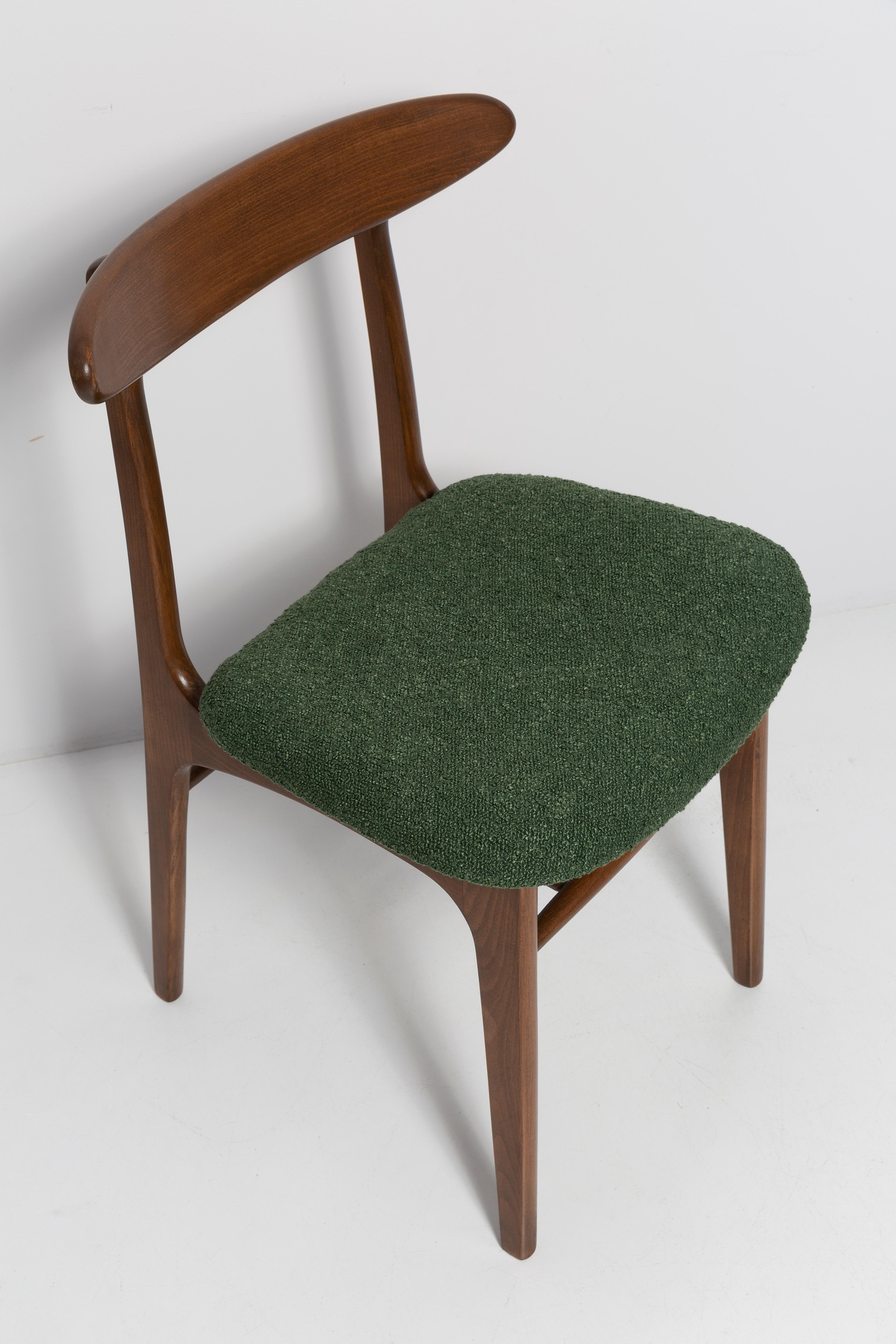 Polish Set of Six Mid Century Chairs Green Boucle, Walnut, Rajmund Halas, Poland, 1960s For Sale
