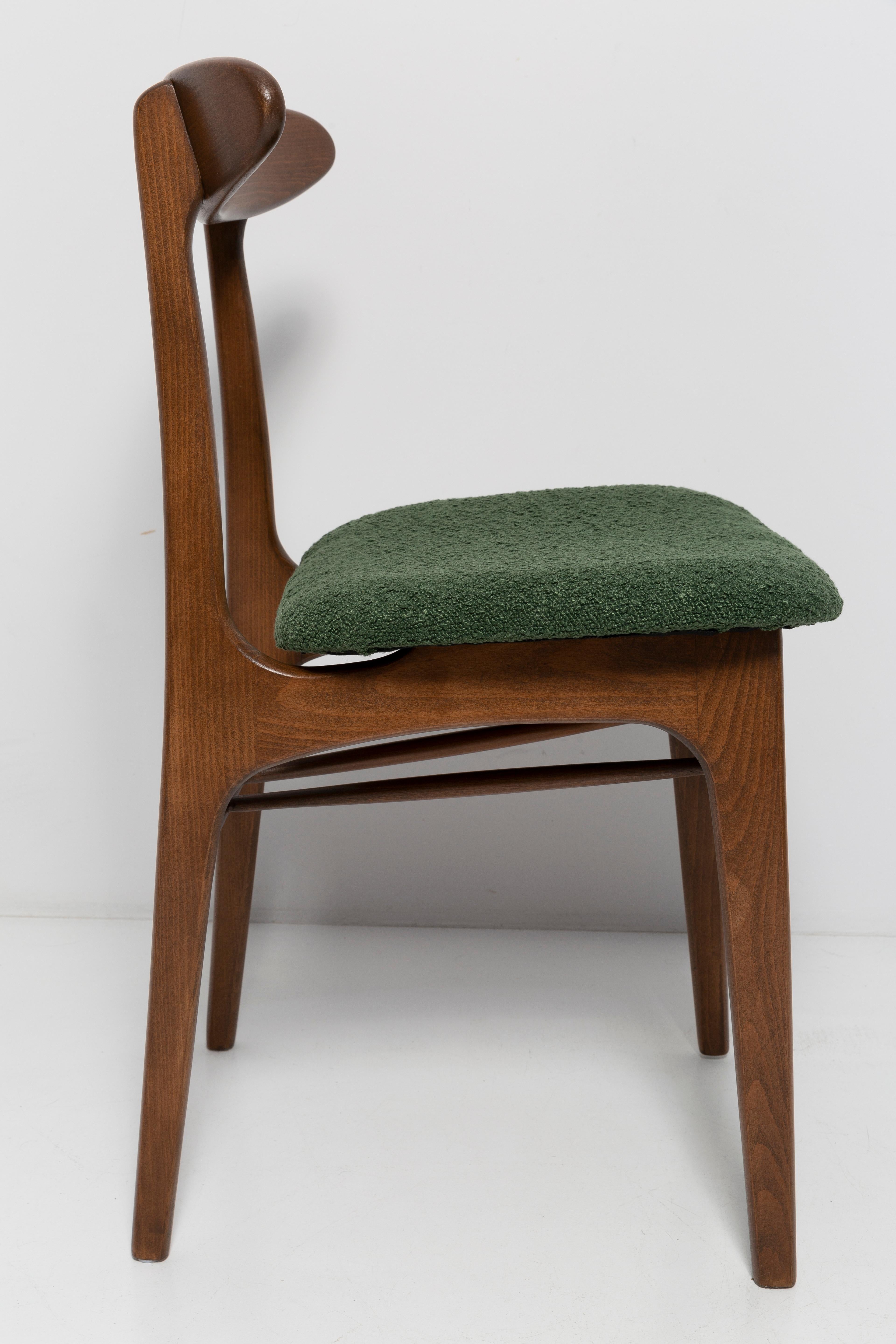 20th Century Set of Six Mid Century Chairs Green Boucle, Walnut, Rajmund Halas, Poland, 1960s For Sale