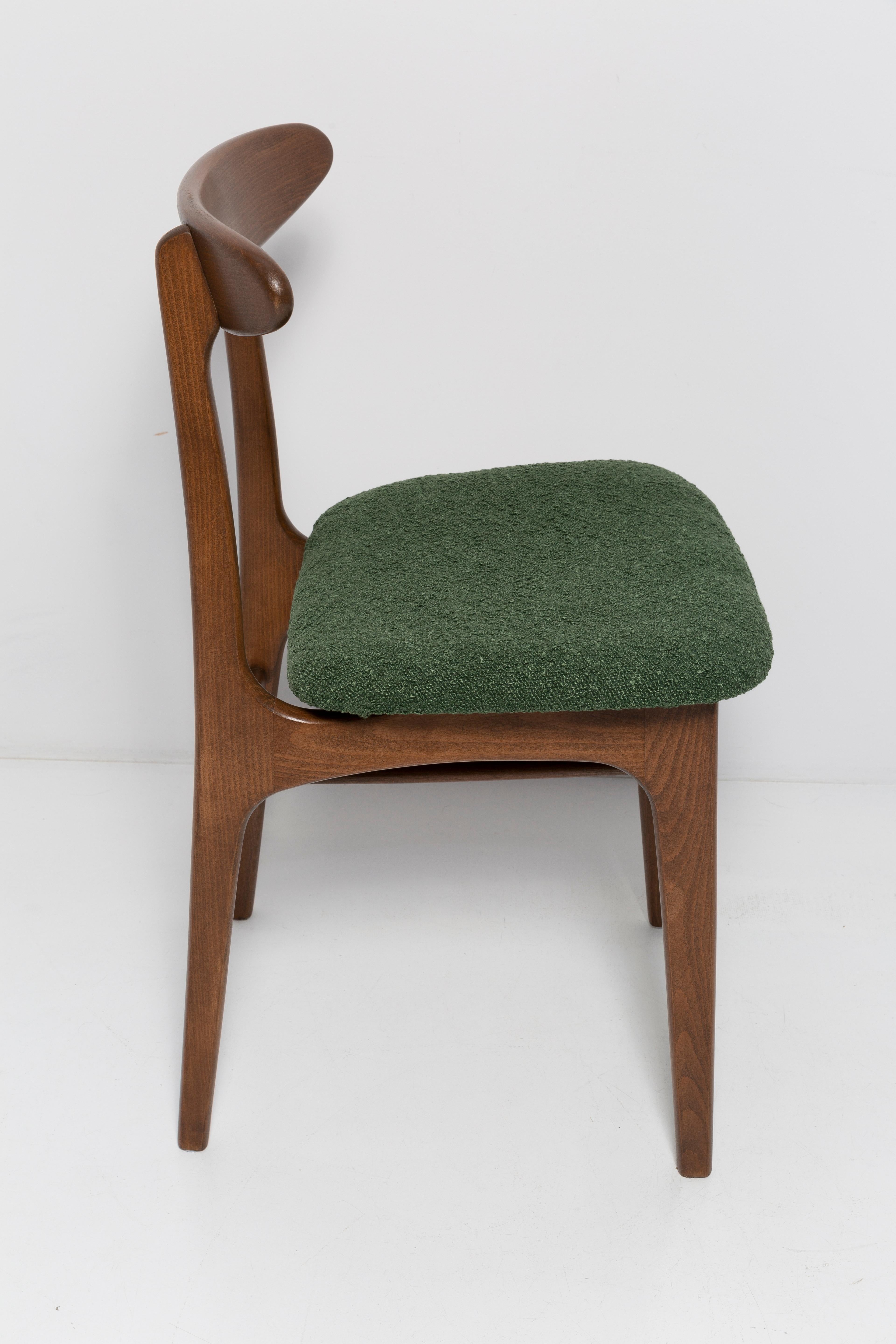 Velvet Set of Six Mid Century Chairs Green Boucle, Walnut, Rajmund Halas, Poland, 1960s For Sale
