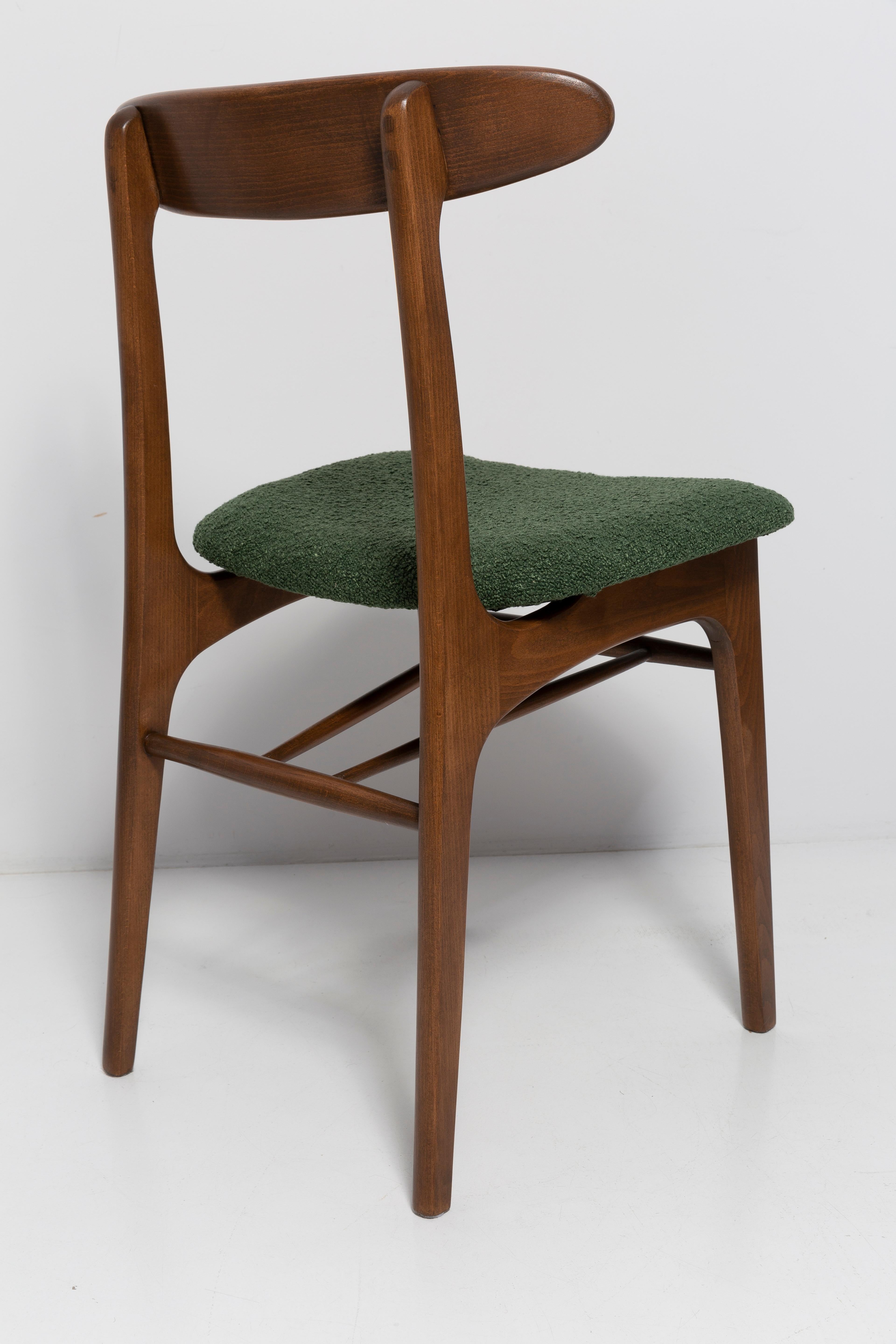 Set of Six Mid Century Chairs Green Boucle, Walnut, Rajmund Halas, Poland, 1960s For Sale 1