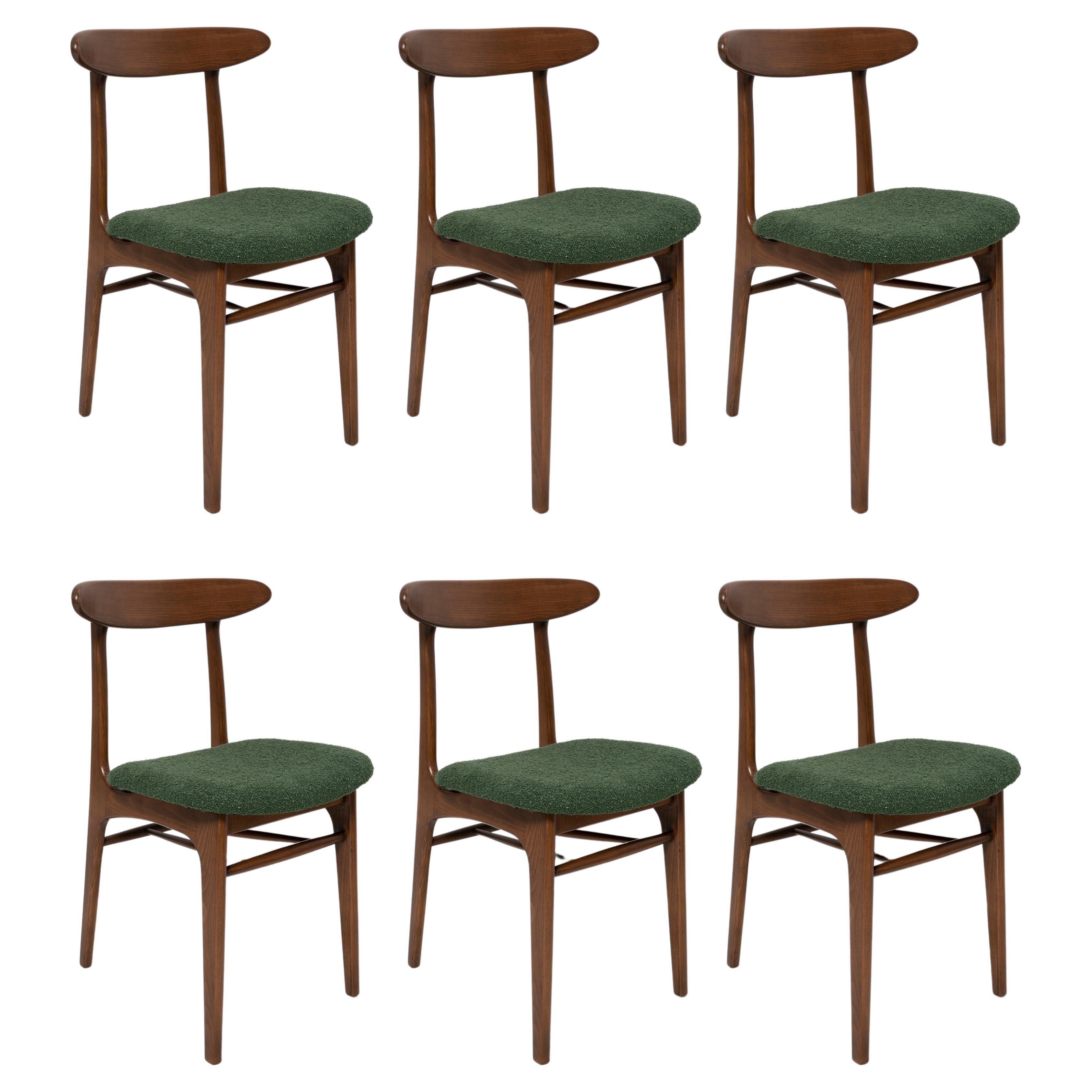 Set of Six Mid Century Chairs Green Boucle, Walnut, Rajmund Halas, Poland, 1960s