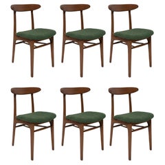 Set of Six Mid Century Chairs Green Boucle, Walnut, Rajmund Halas, Poland, 1960s