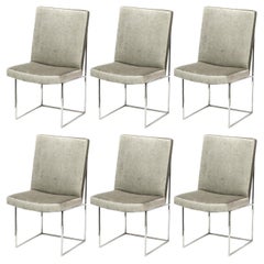 Set of Six Mid Century Chrome and Platinum Velvet Dining Chairs by Milo Baughman