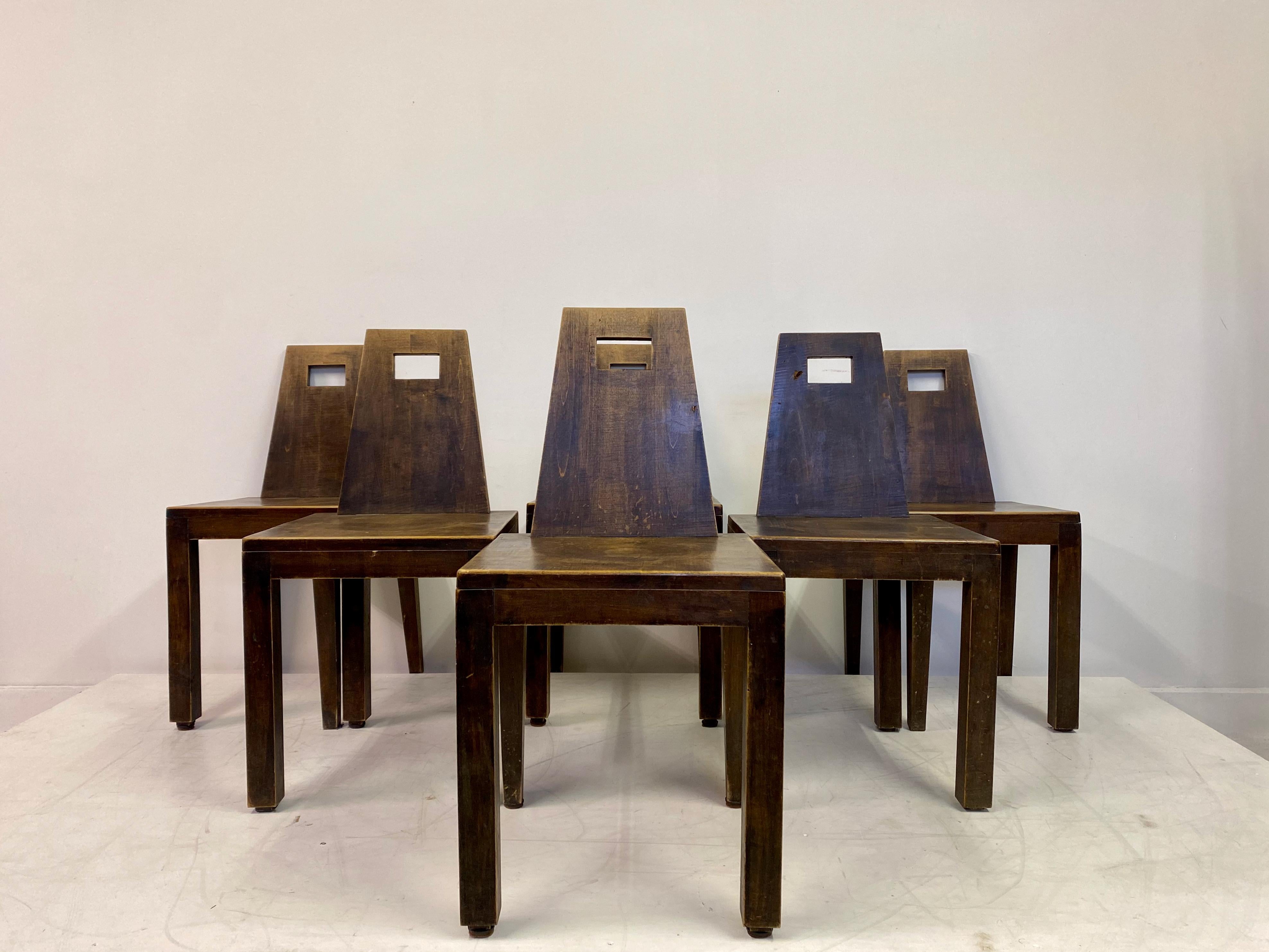 Six brutalist chairs

Simple almost rustic looking

Constructivist

Nice patina

Early to mid 20th Century.
 