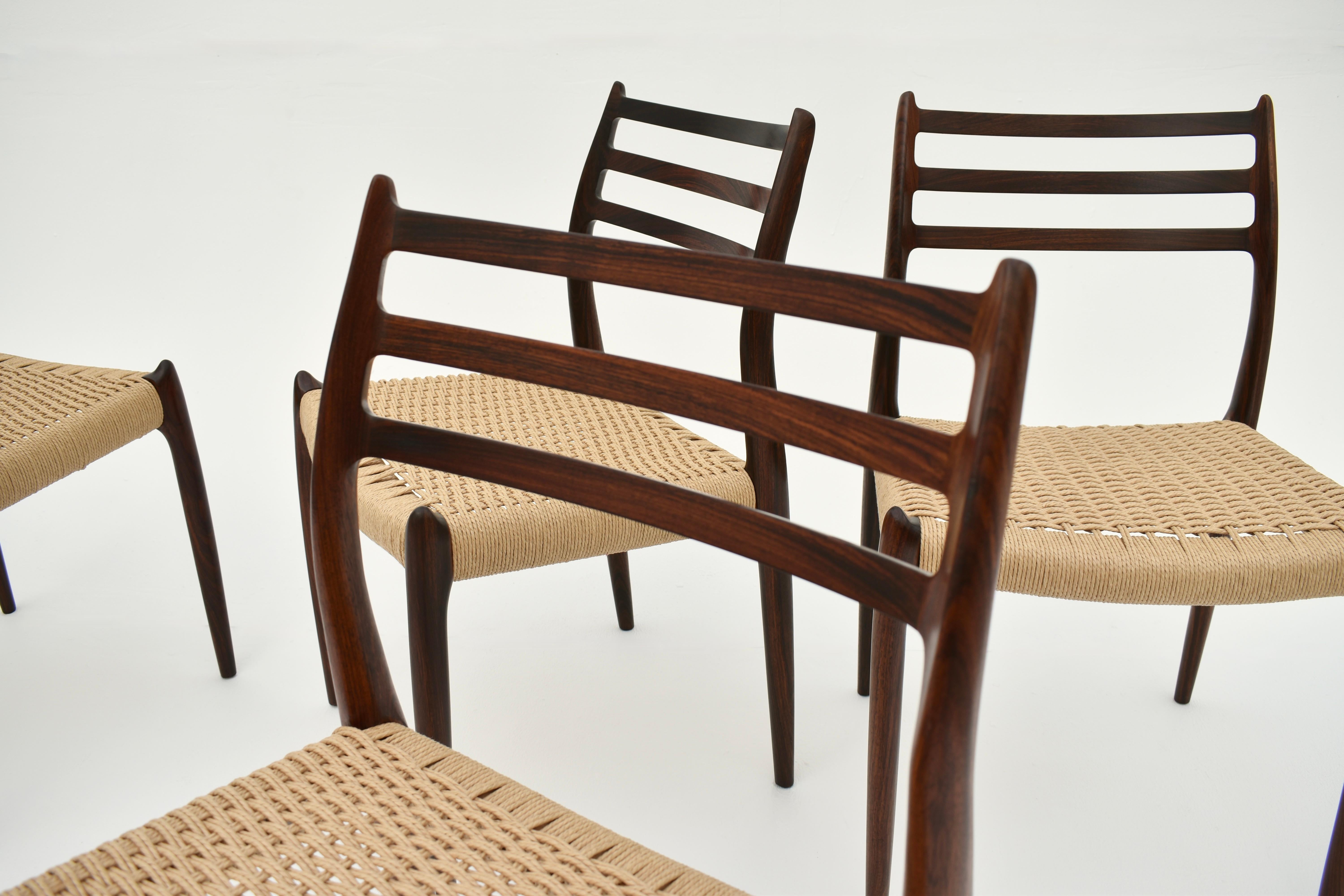 Scandinavian Modern Set Of Six Mid Century Danish Niels Moller Model 78 Rosewood Dining Chairs For Sale