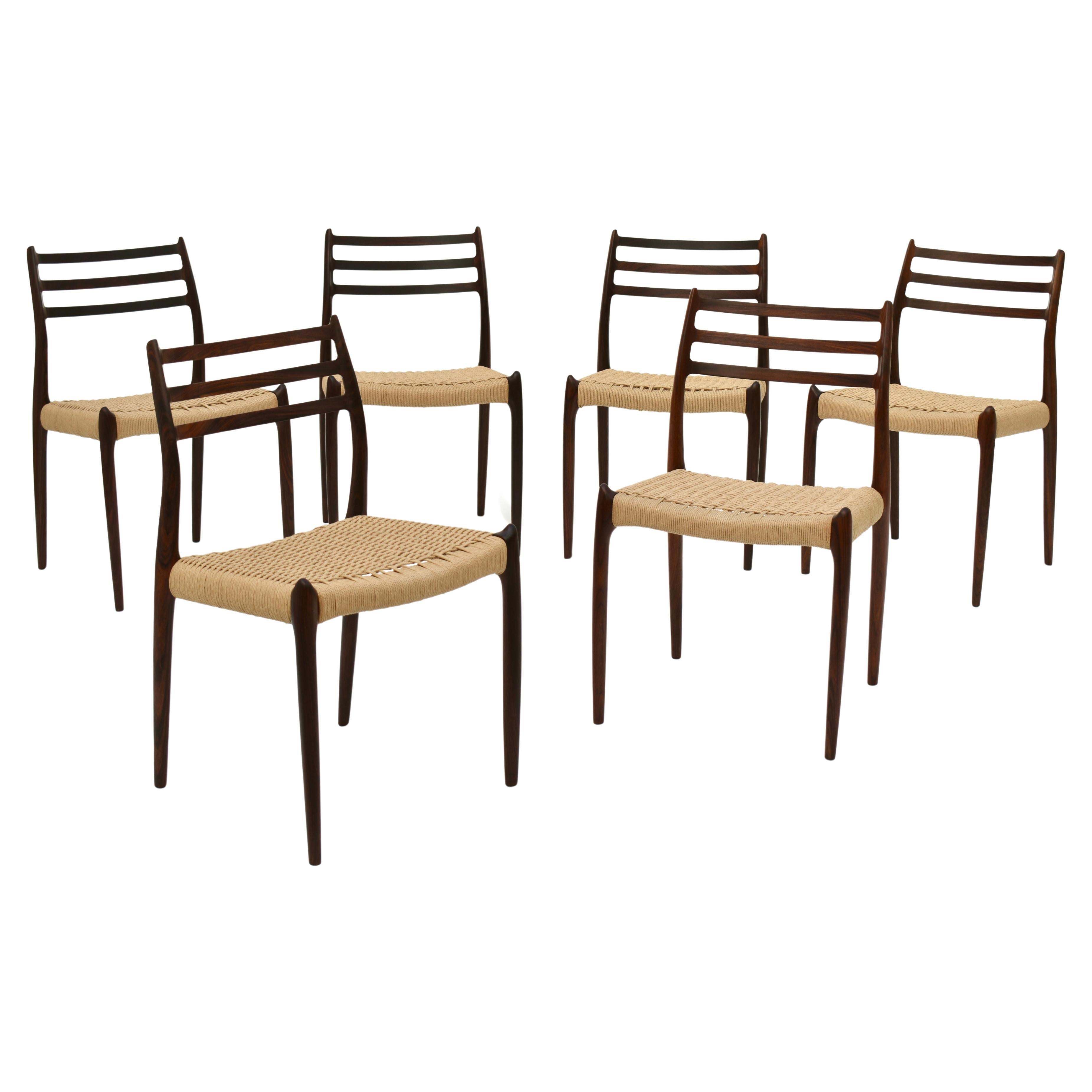 Ensemble de six chaises de salle à manger danoises du milieu du siècle modèle 78 de Niels Moller
