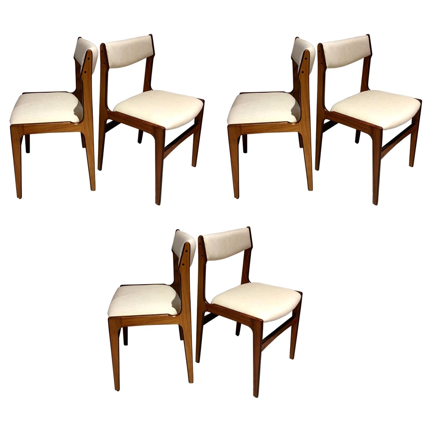 Set of Six Midcentury Danish Wooden Dining Chairs with White Covers