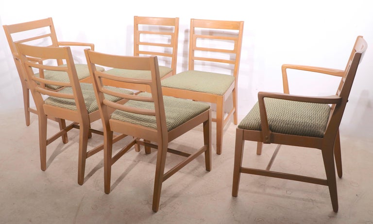 Chic set of six dining chairs designed by Edward Wormley as part of the classic Precedent Line, for Drexel. The set includes two arm chairs, and four side chairs, they are in very good, clean, original estate condition, showing only light cosmetic