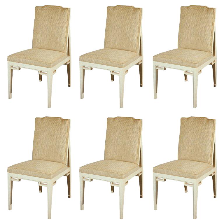 Set of Six Mid-Century Faux Parchment Dining Chairs For Sale