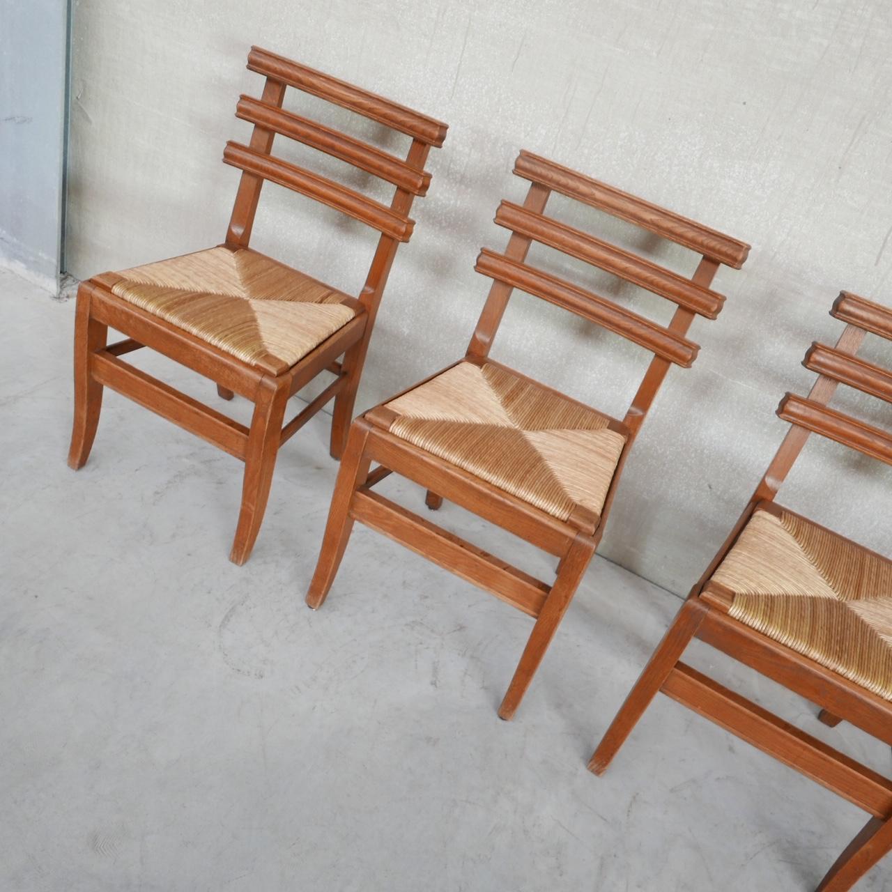 Rush Set of Six Midcentury French Oak Dining Chairs '6' For Sale
