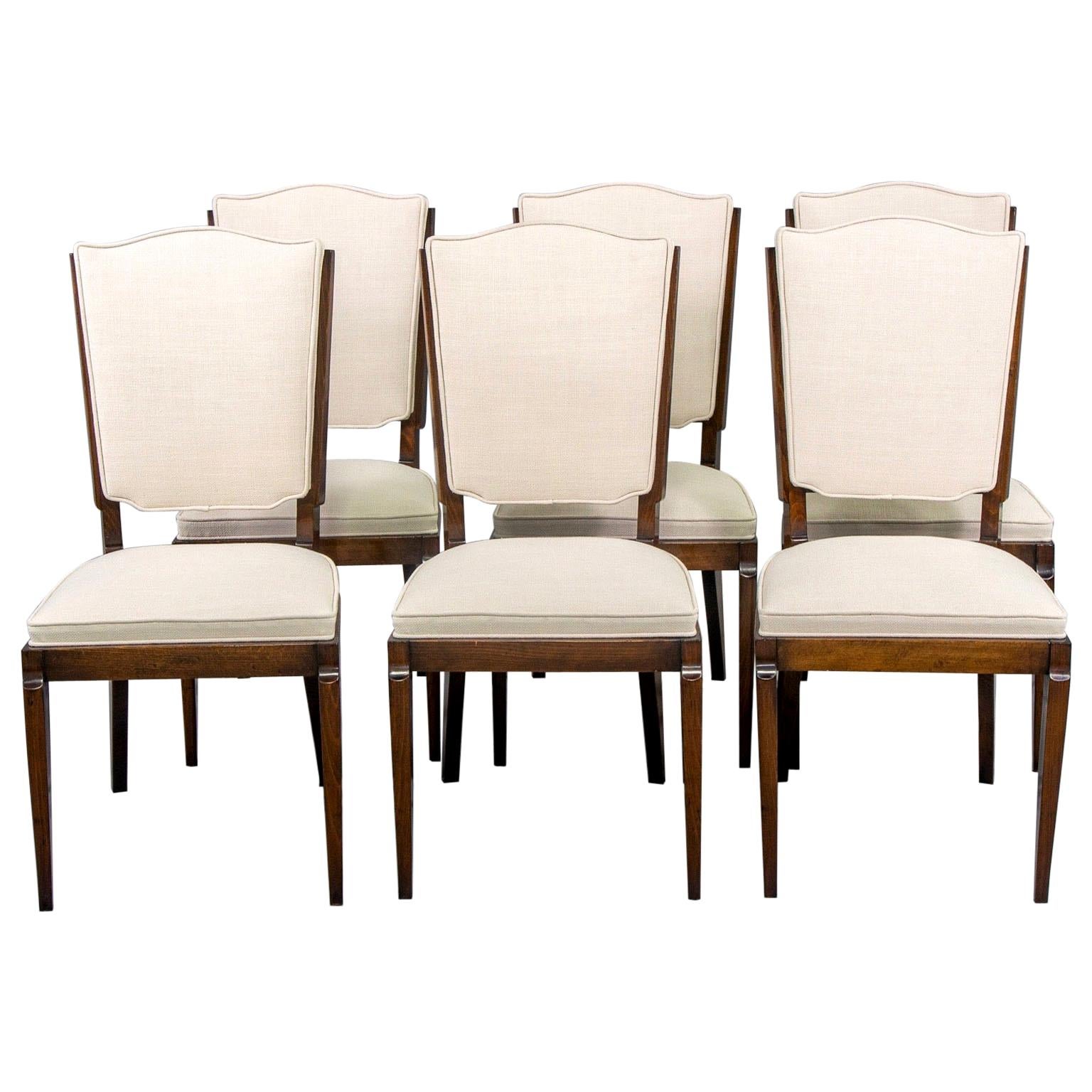 Set of Six Midcentury French Polished Beech Frame Chairs with New Upholstery
