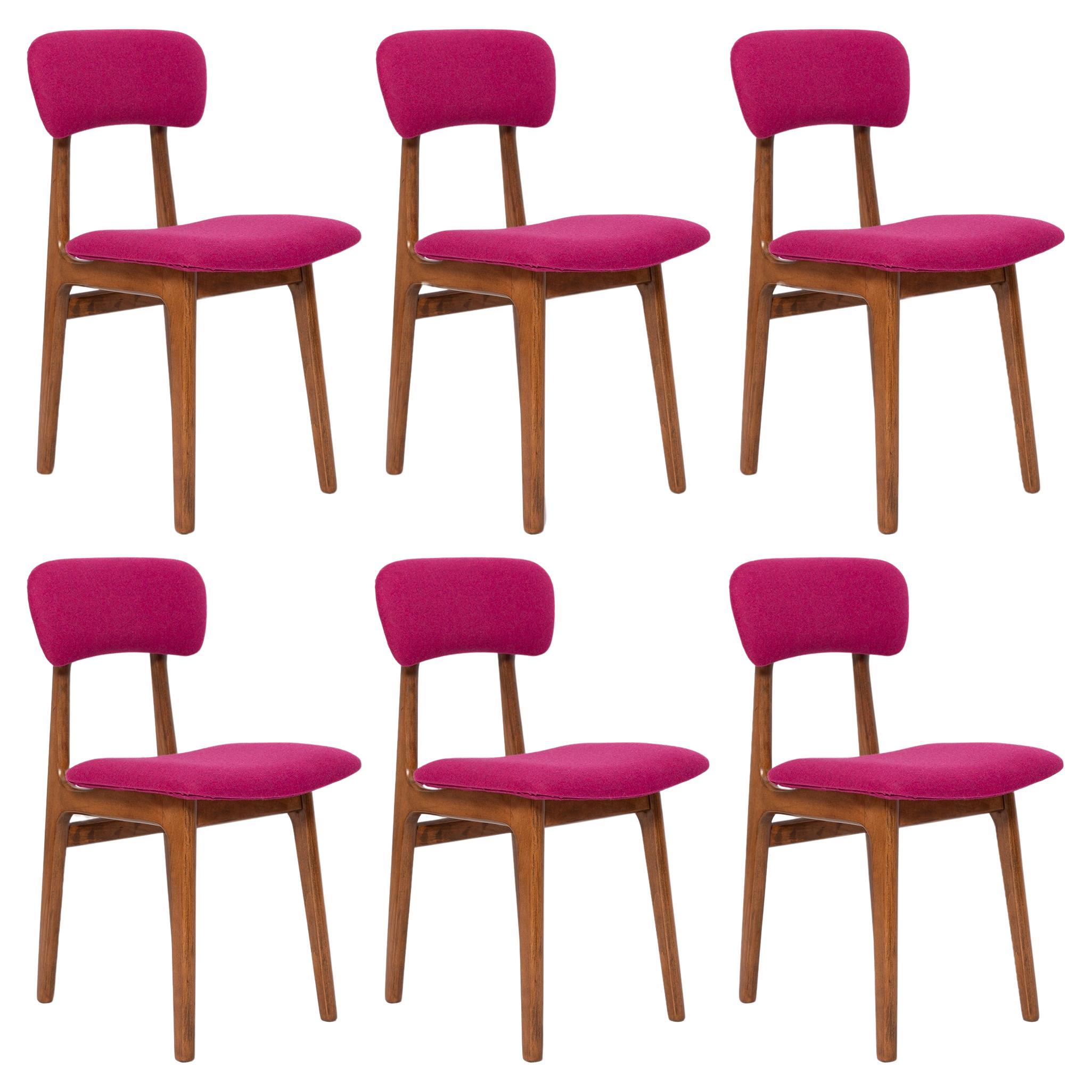 Set of Six Mid Century Fuchsia Pink Wool Chairs, Rajmund Halas, Europe, 1960s For Sale