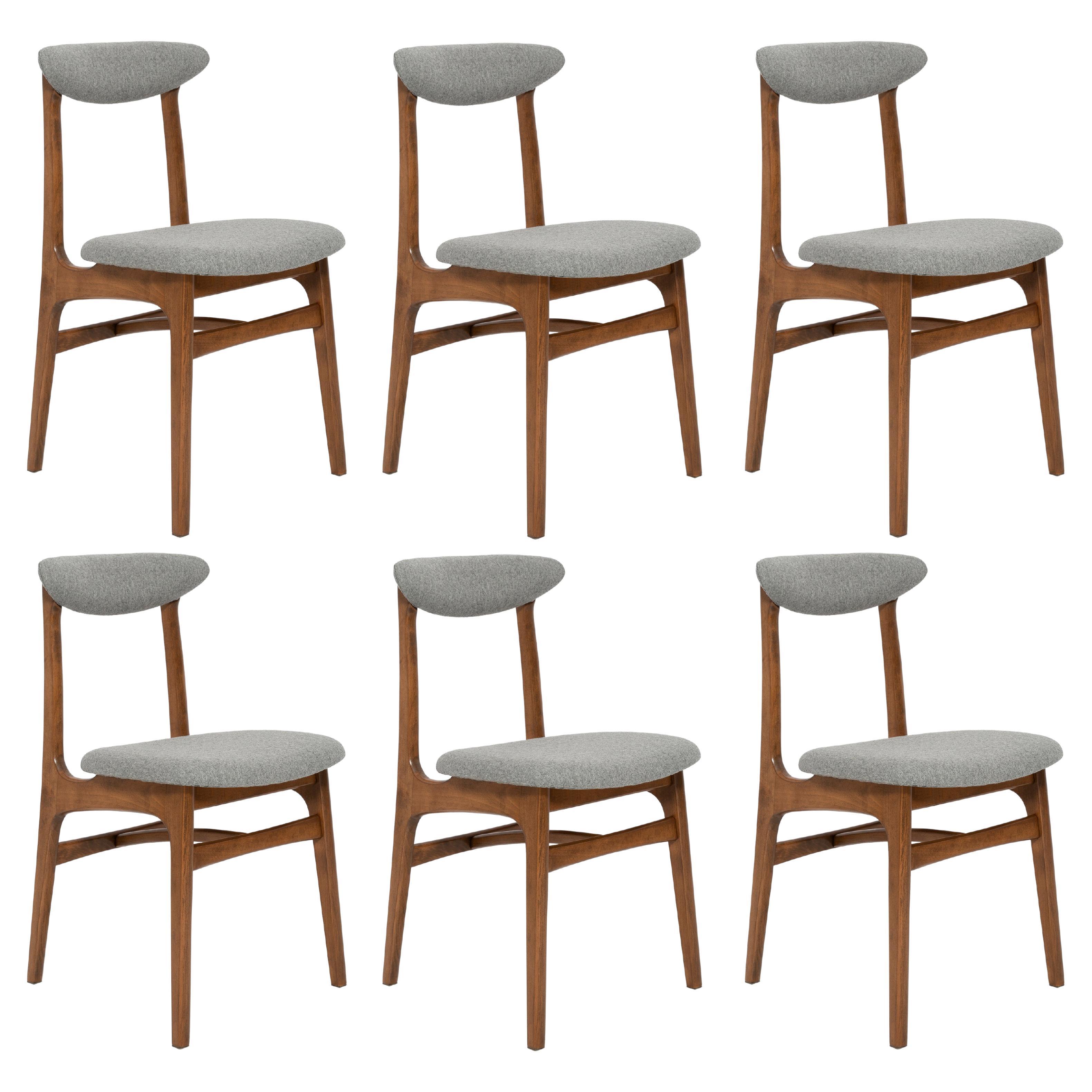 Set of Six Mid Century Gray Wool Chairs by Rajmund Halas, Poland, 1960s For Sale