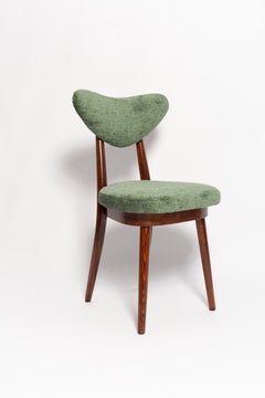 Set of Six Mid Century Heart Chairs, Green Velvet, Dark Wood, Europe 1960s