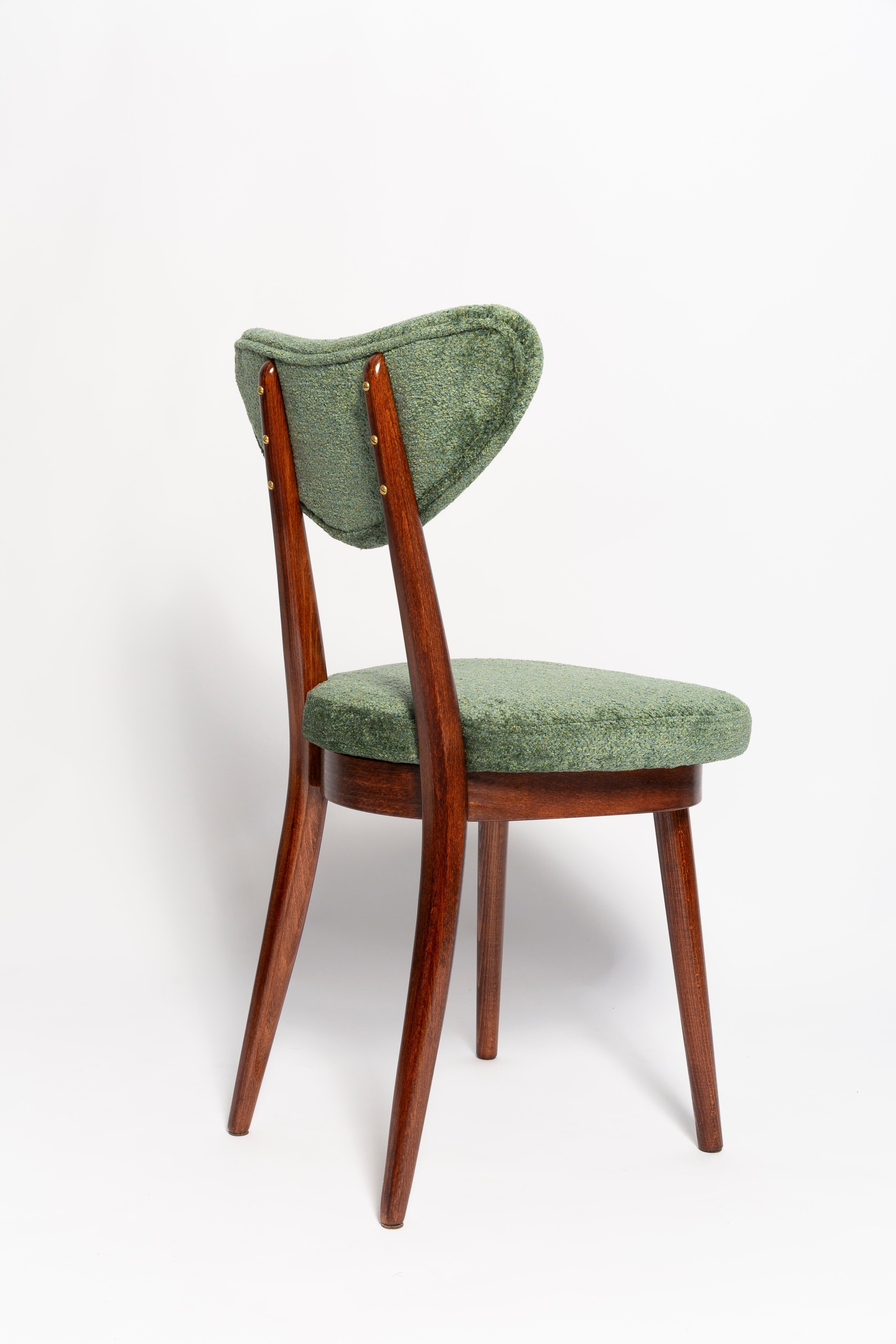 Polish Set of Six Mid Century Heart Chairs, Green Velvet, Dark Wood, Europe 1960s For Sale
