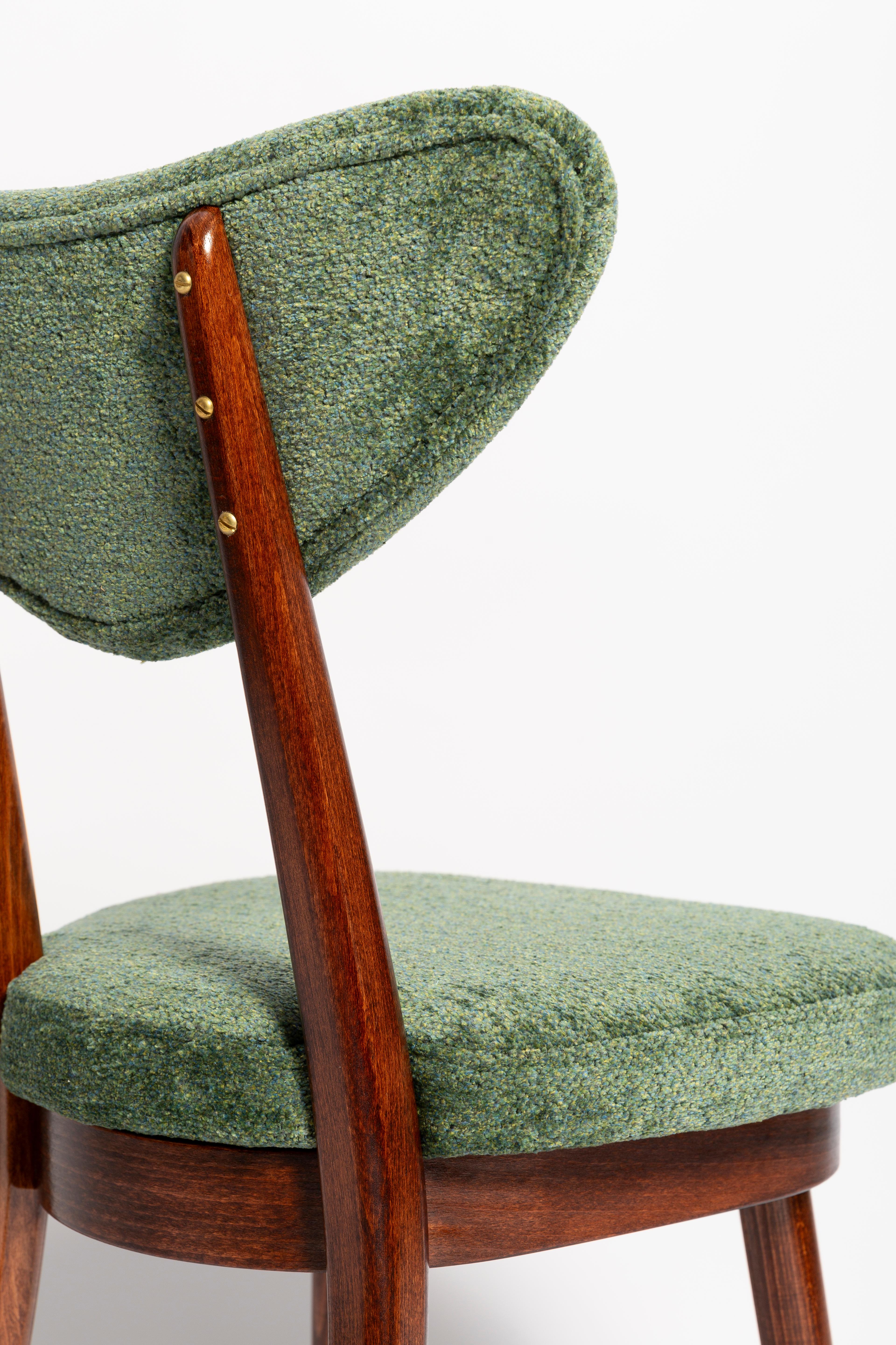 Hand-Crafted Set of Six Mid Century Heart Chairs, Green Velvet, Dark Wood, Europe 1960s For Sale