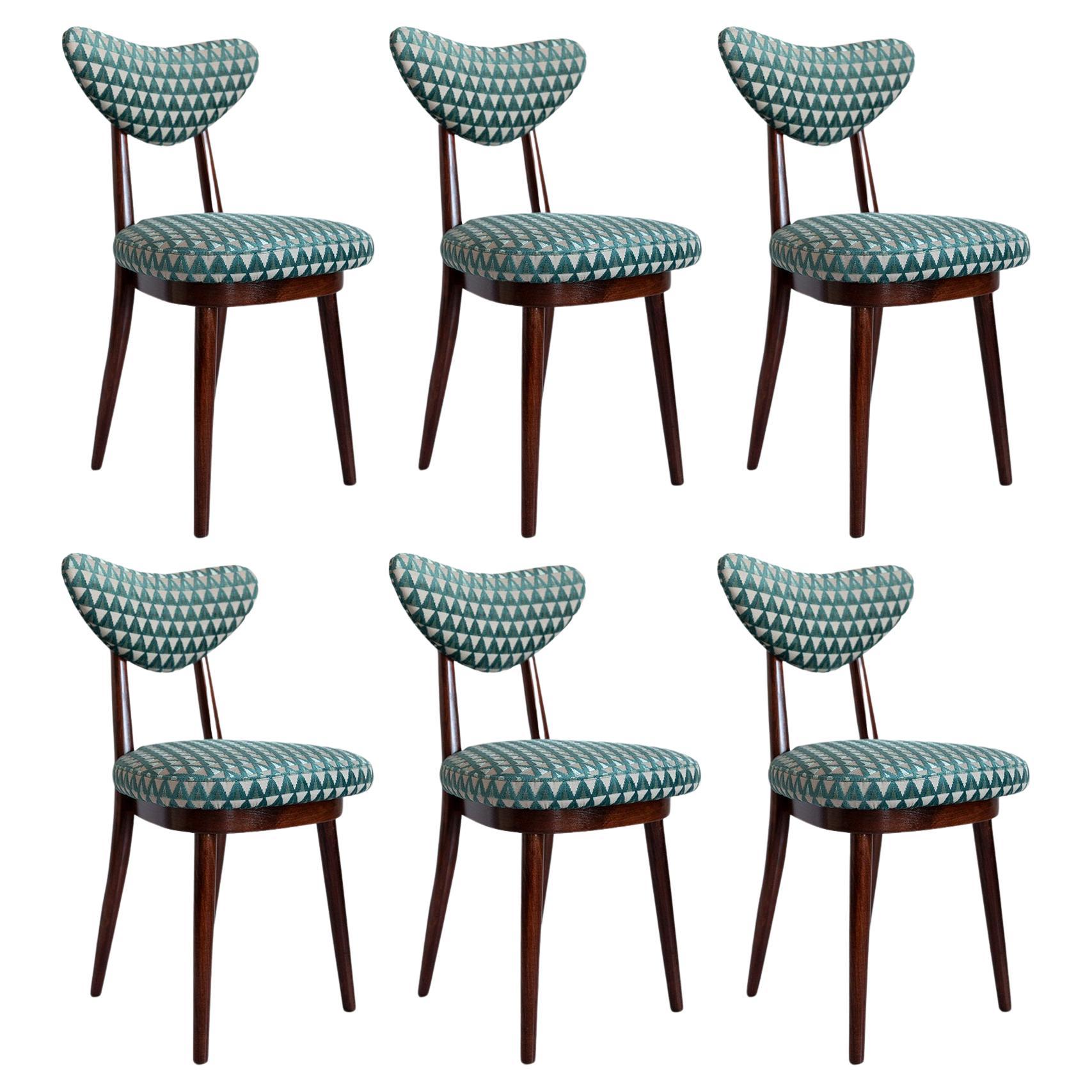 Set of Six Mid-Century Heart Chairs in Amuleto Green Velvet, Europe, 1960s For Sale