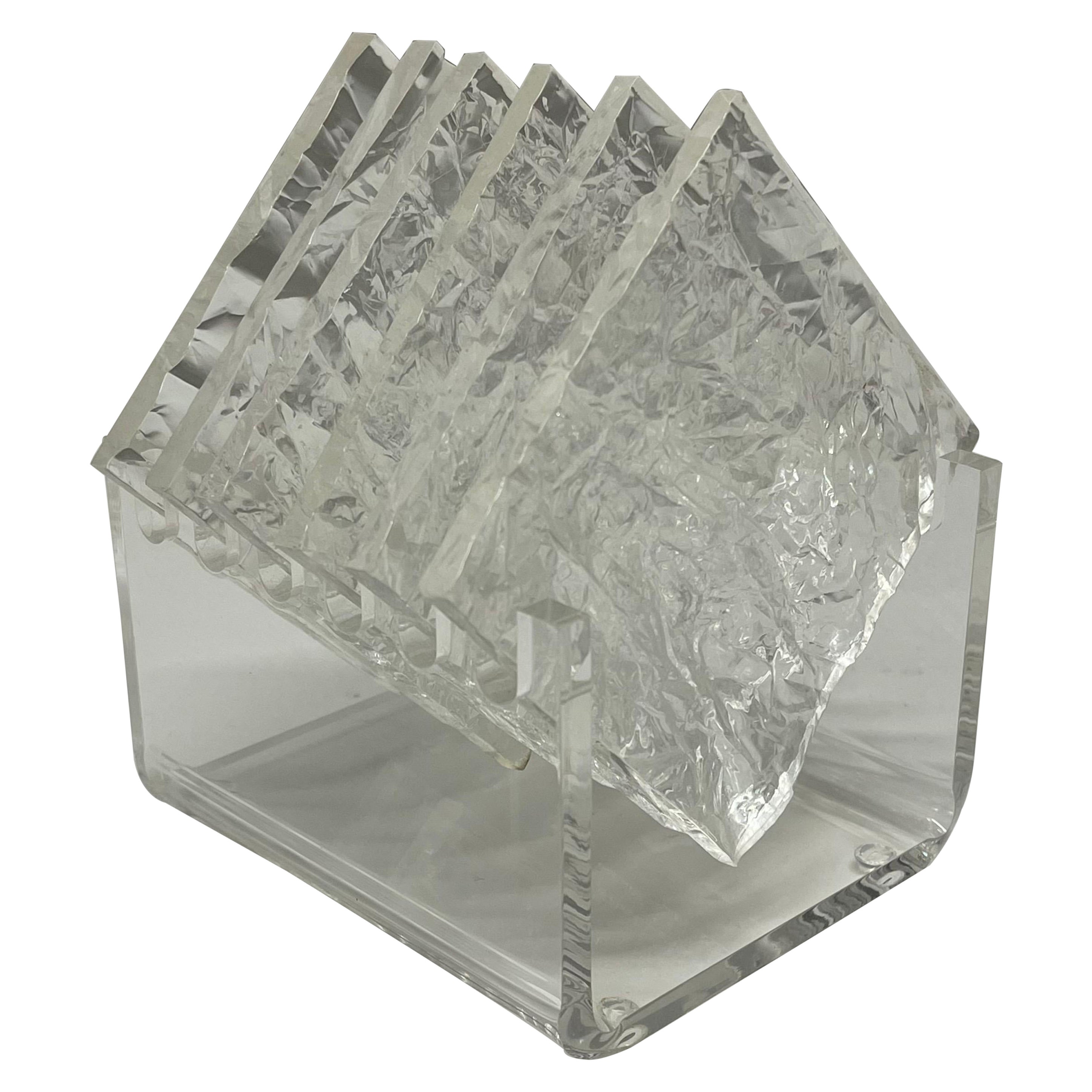 Set of Six Mid Century "Ice Glass" Lucite Coasters with Stand, USA, Circa 1970s