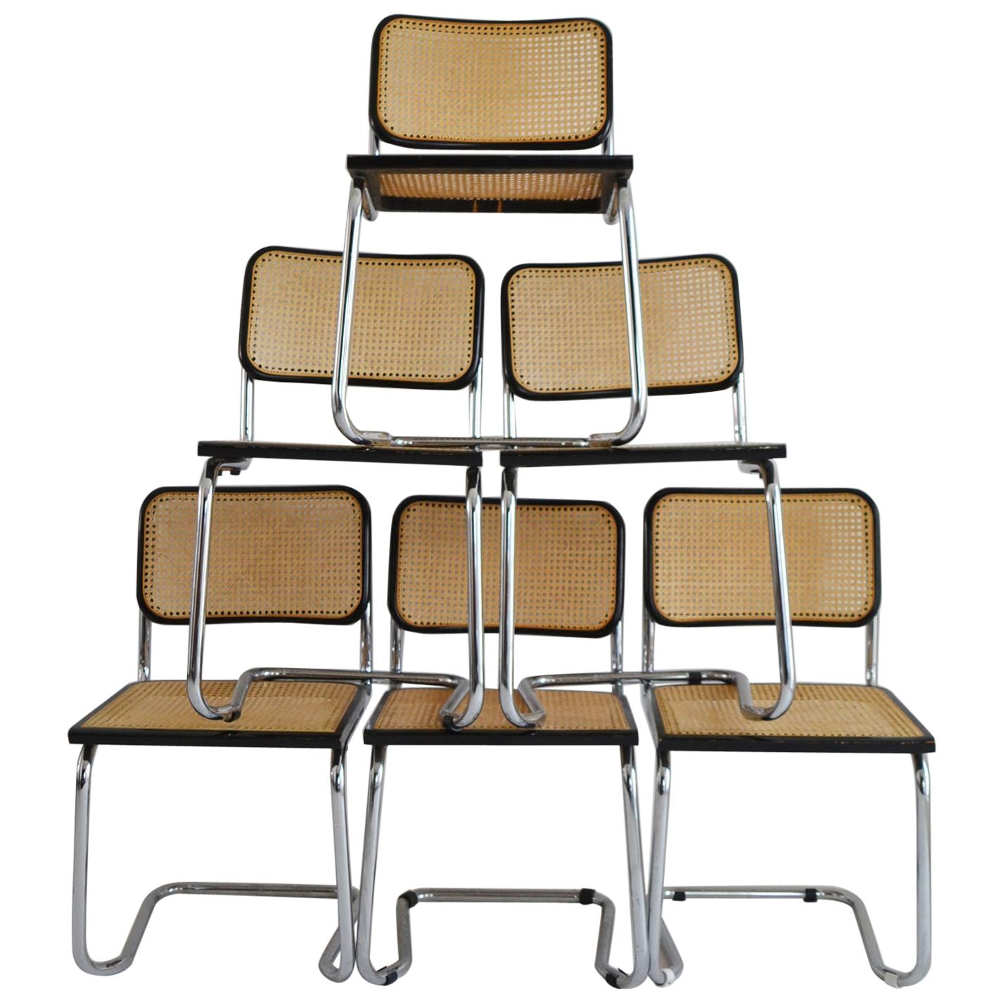 Set of Six Midcentury Italian Cesca Marcel Breuer B32 Stackable Modern Chairs