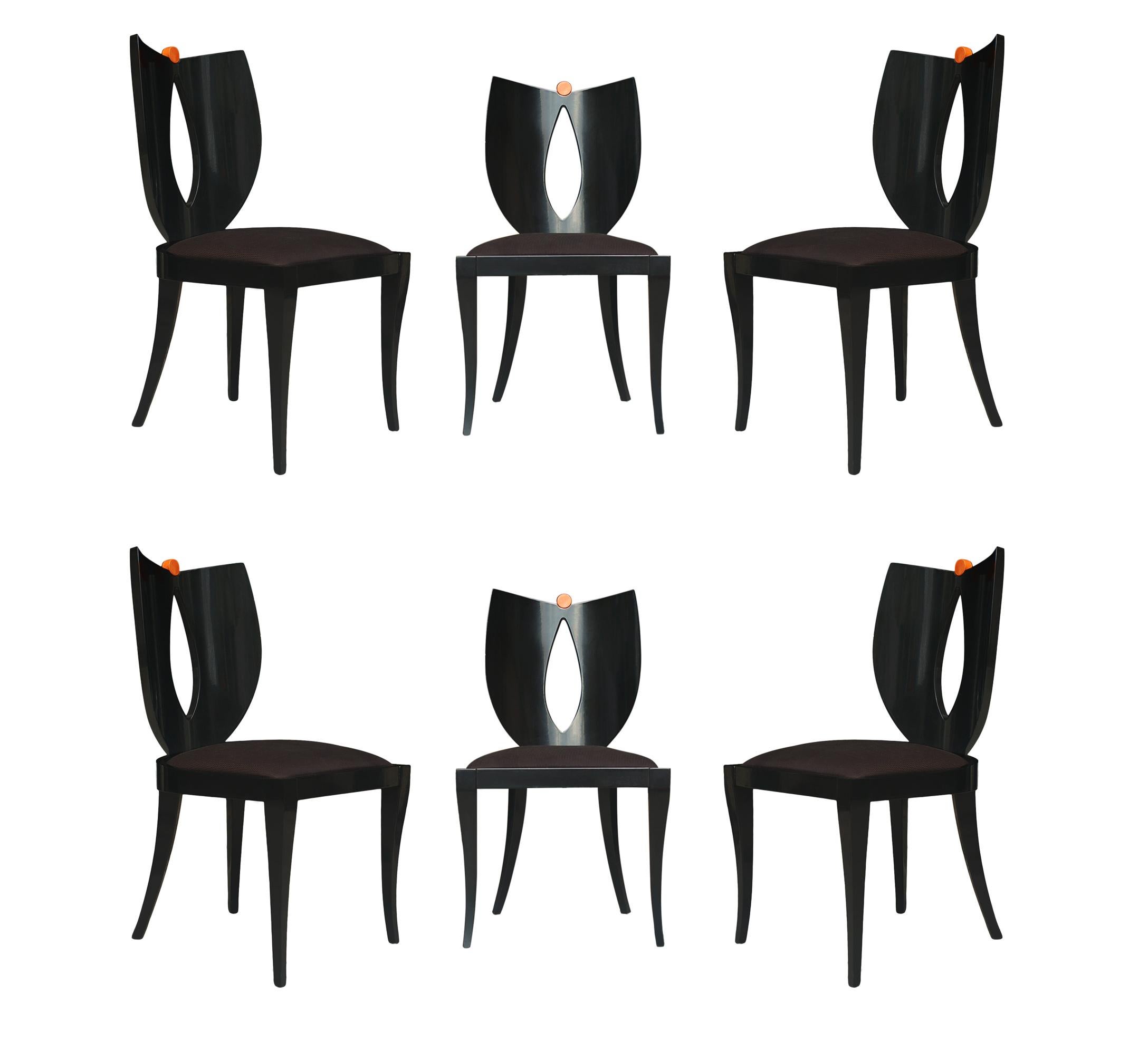 Fabric Set of Six Midcentury Italian Postmodern Black Lacquer Armless Dining Chairs