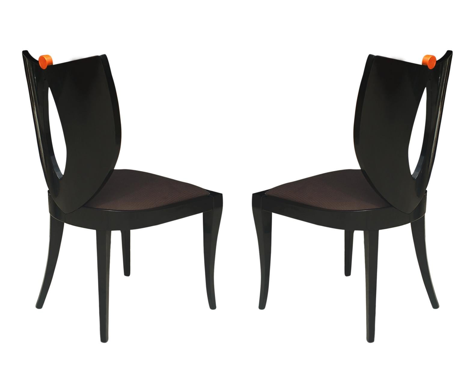 Set of Six Midcentury Italian Postmodern Black Lacquer Armless Dining Chairs 1