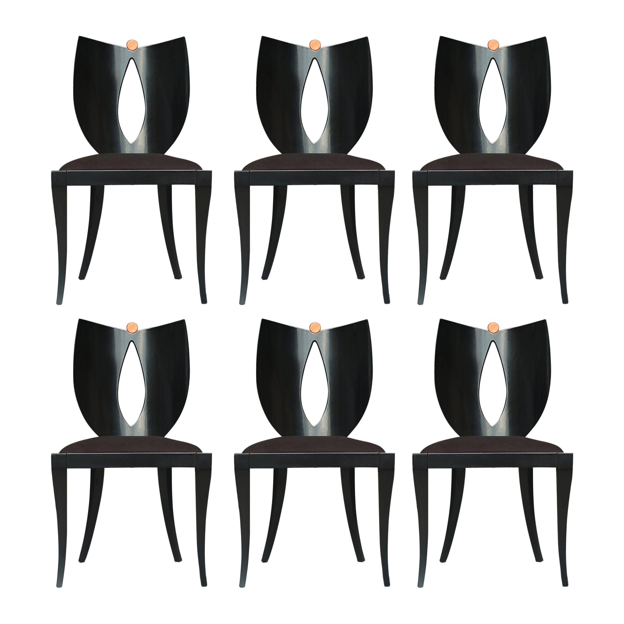 Set of Six Midcentury Italian Postmodern Black Lacquer Armless Dining Chairs