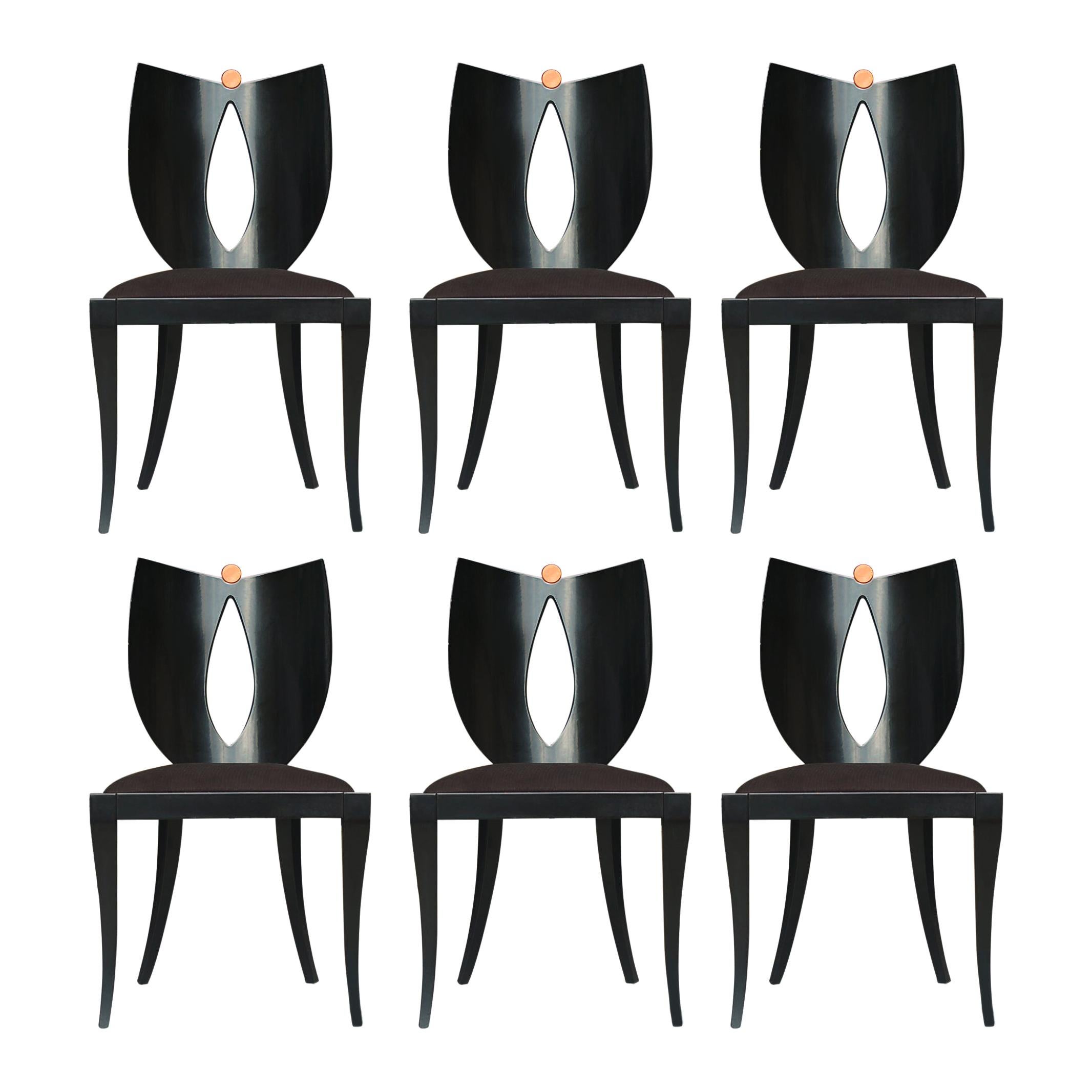 Set of Six Midcentury Italian Postmodern Black Lacquer Armless Dining