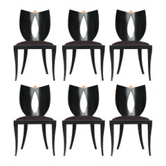 Set of Six Midcentury Italian Postmodern Black Lacquer Armless Dining Chairs