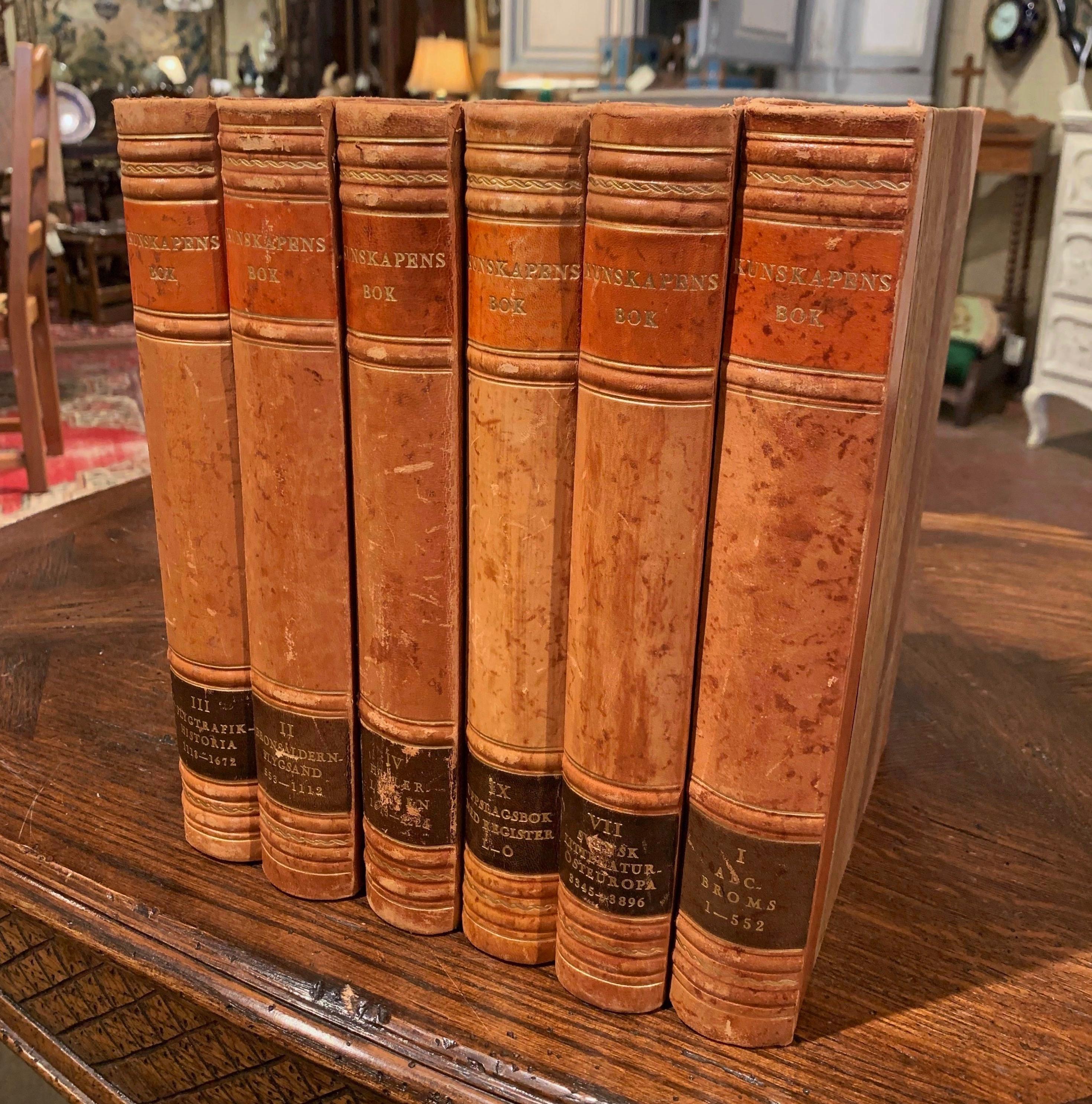 Decorate a library or office with this elegant set of 6 antique books; printed in Sweden, circa 1950, each book titled 
