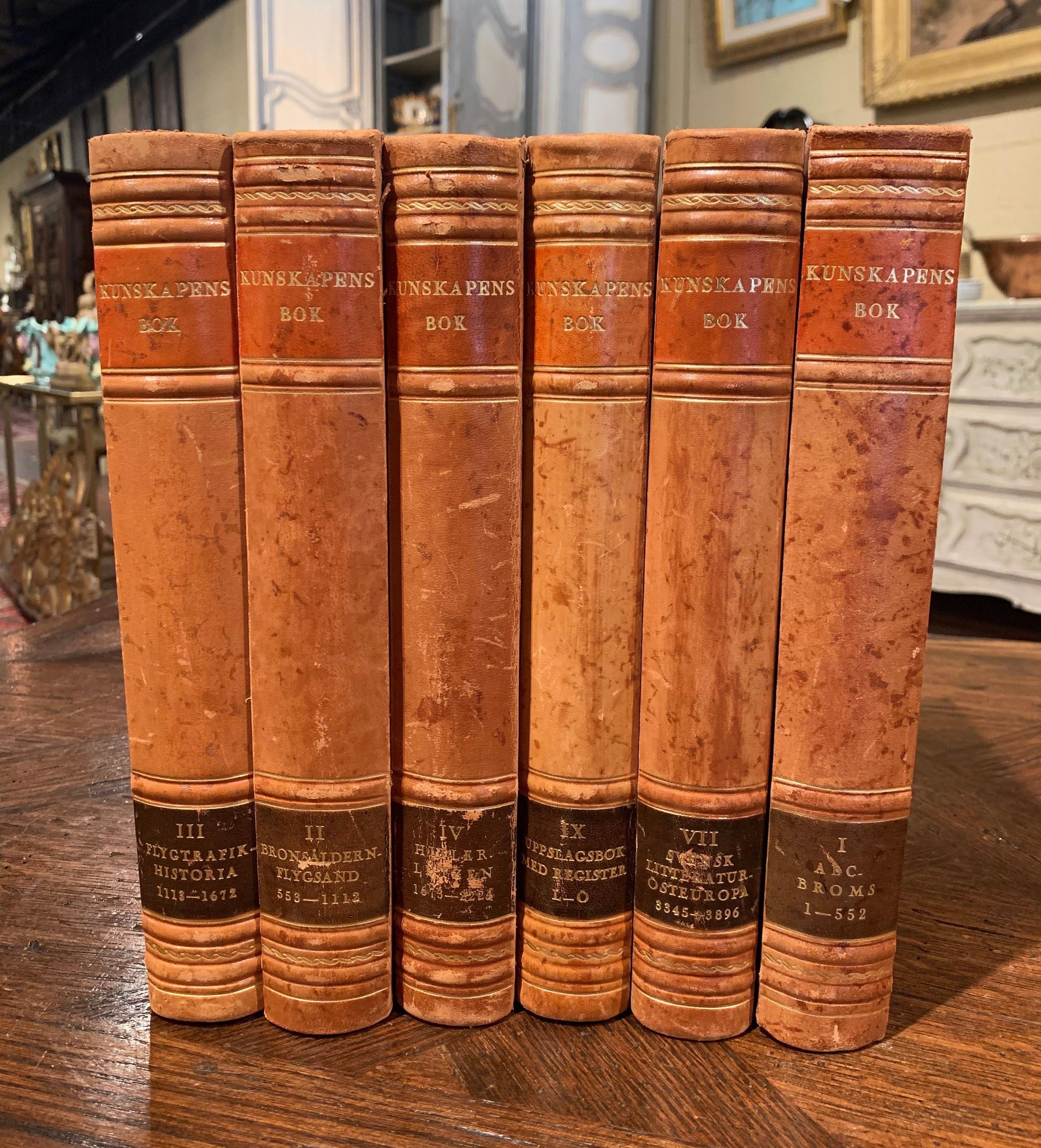 French Set of Six Midcentury Leather Bound Swedish Books of Knowledge, Dated 1949