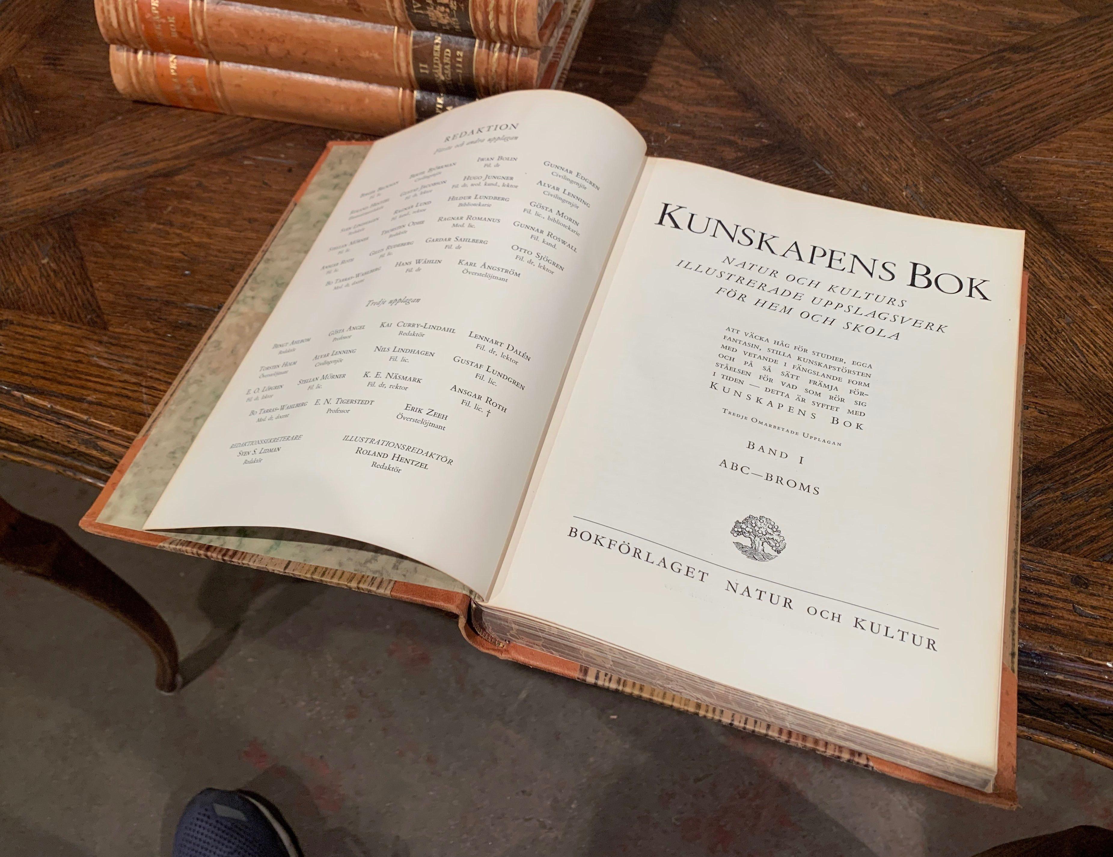 Set of Six Midcentury Leather Bound Swedish Books of Knowledge, Dated 1949 1