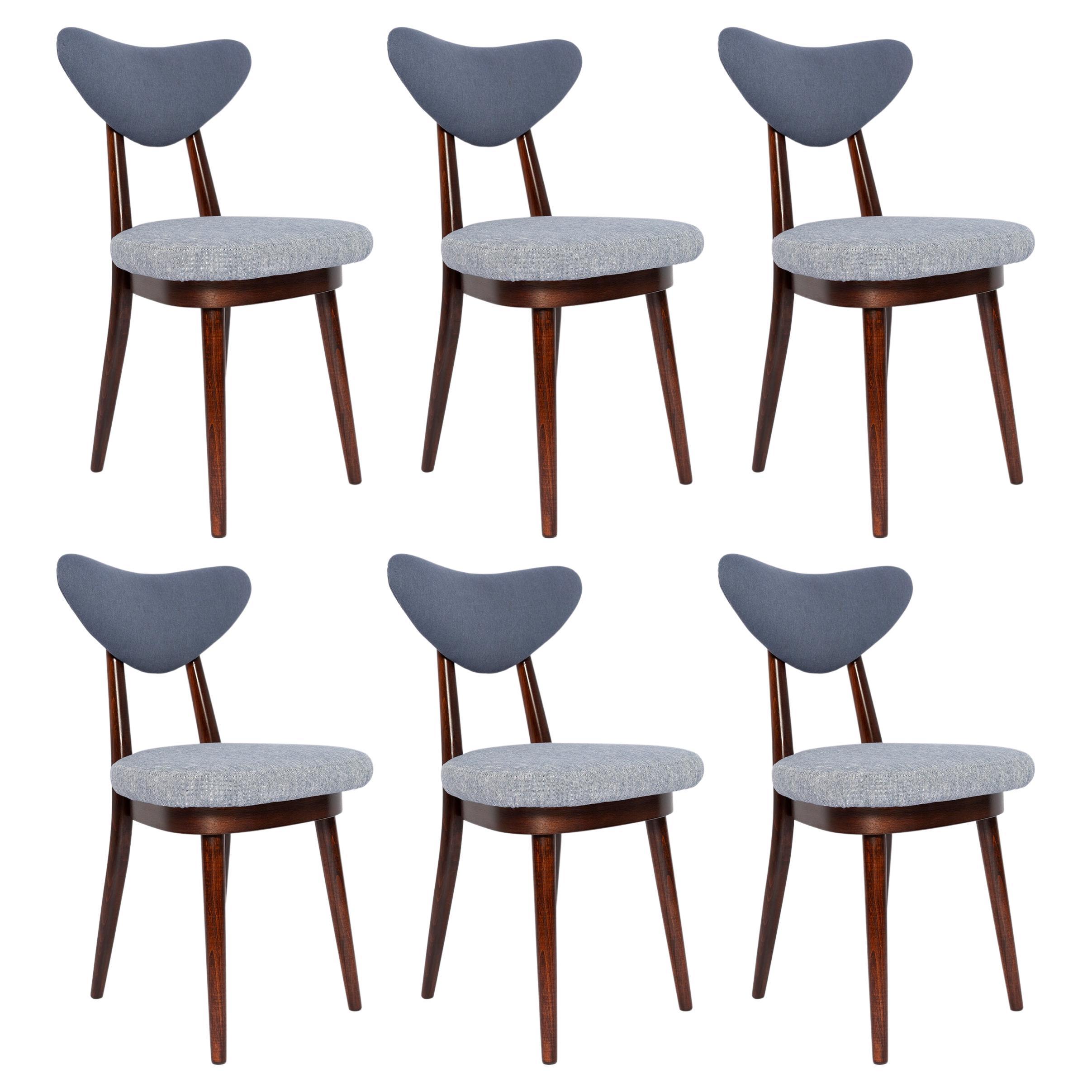 Set of Six Midcentury Light and Medium Blue Denim Heart Chairs, Europe, 1960s For Sale
