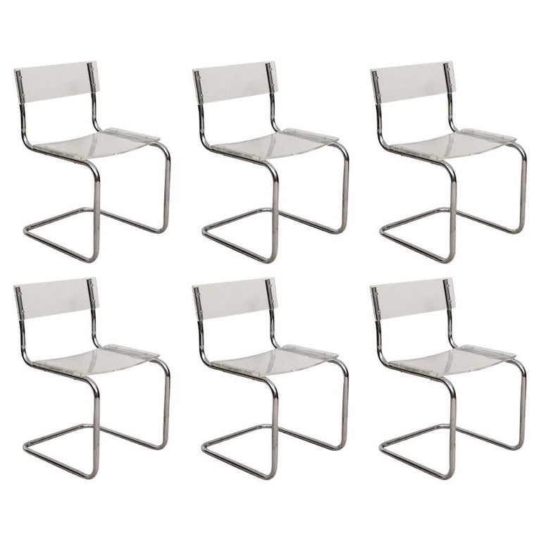 Set Of Six Mid Century Lucite And Chrome Side Chairs for