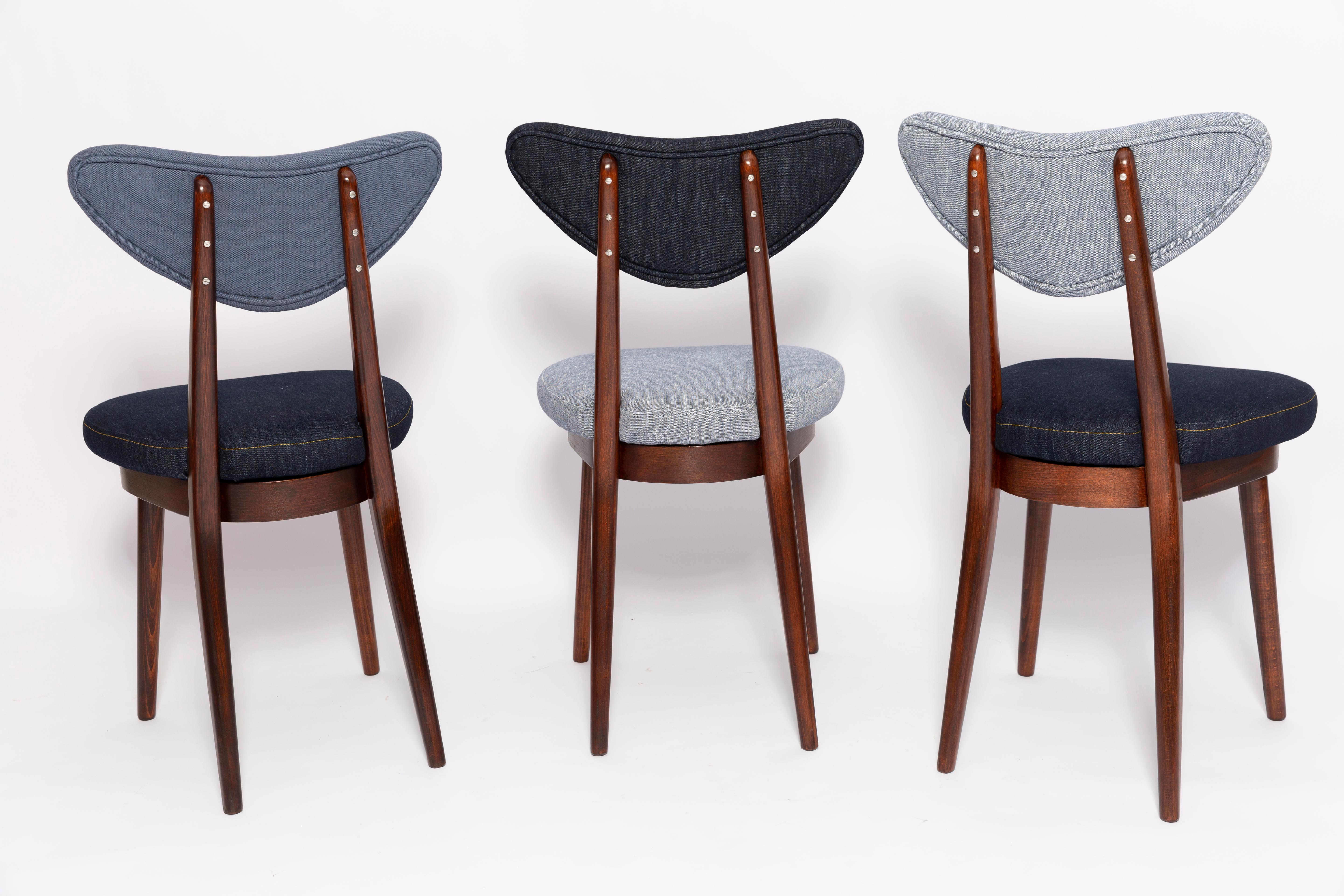 20th Century Set of Six Midcentury Mixed Blue Denim Heart Chairs, Europe, 1960s For Sale
