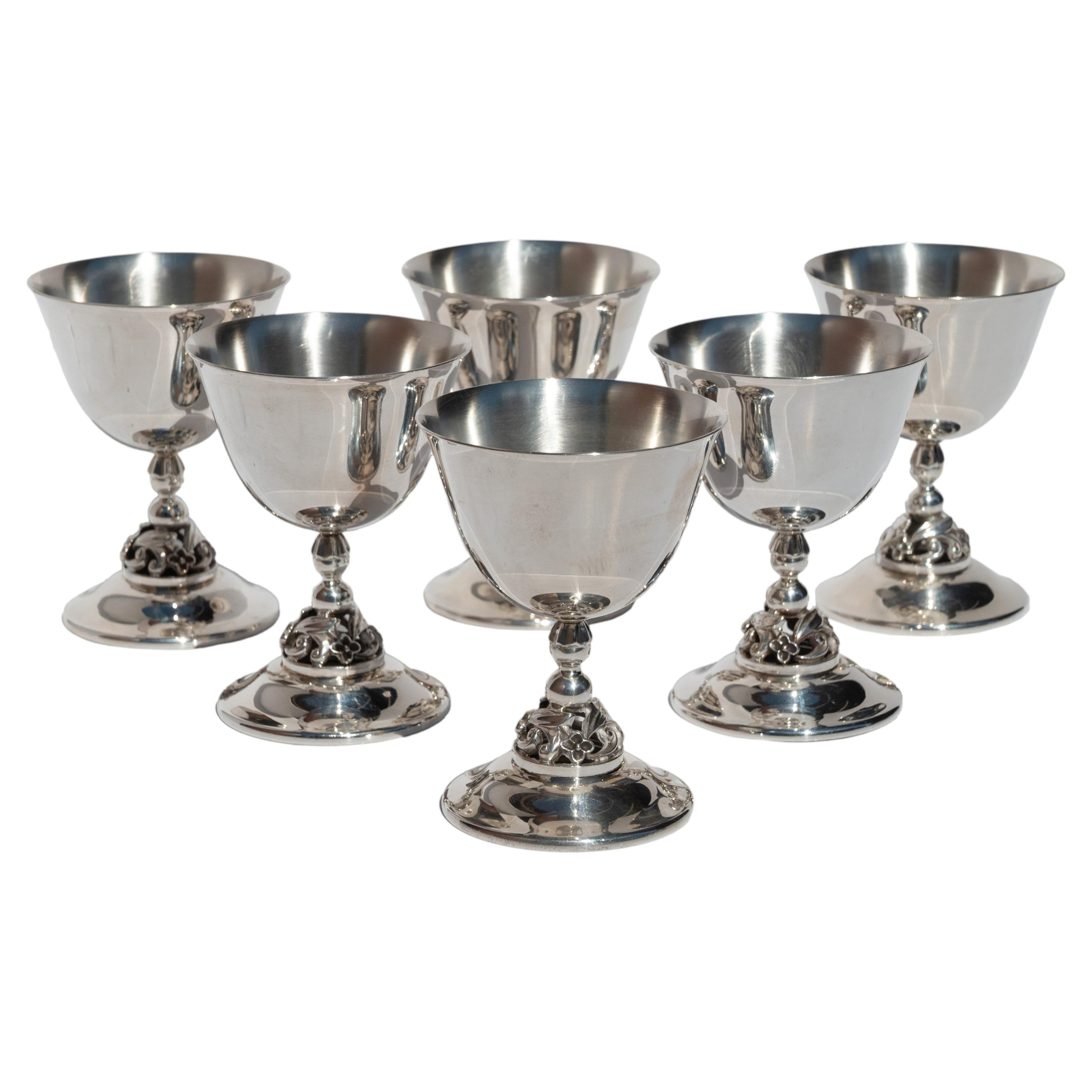 Set of Six Mid Century Modern Alphonse La Paglia Sterling Silver Wine Goblets