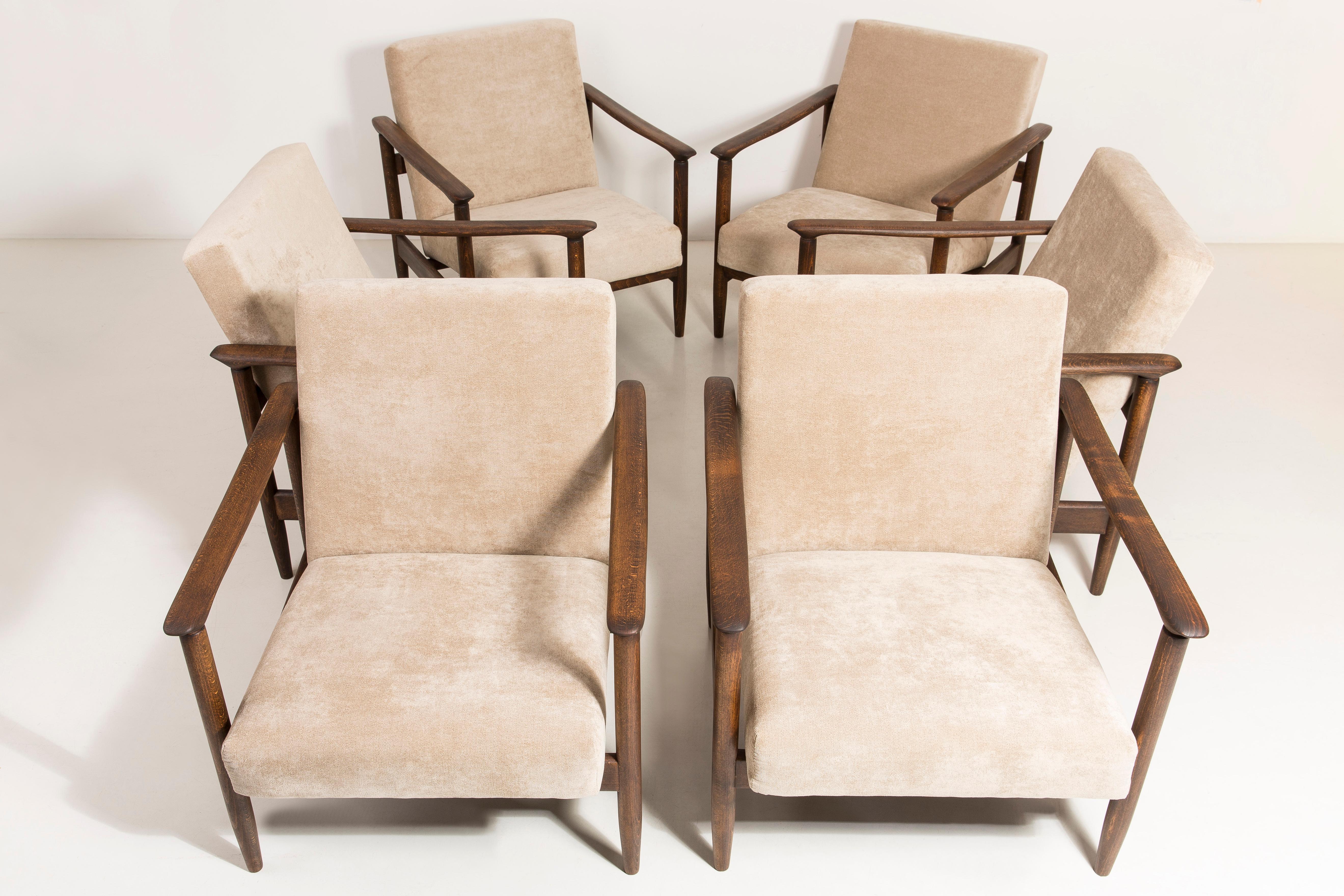 20th Century Set of Six Mid-Century Modern Beige Armchairs, Edmund Homa, 1960s, Poland For Sale