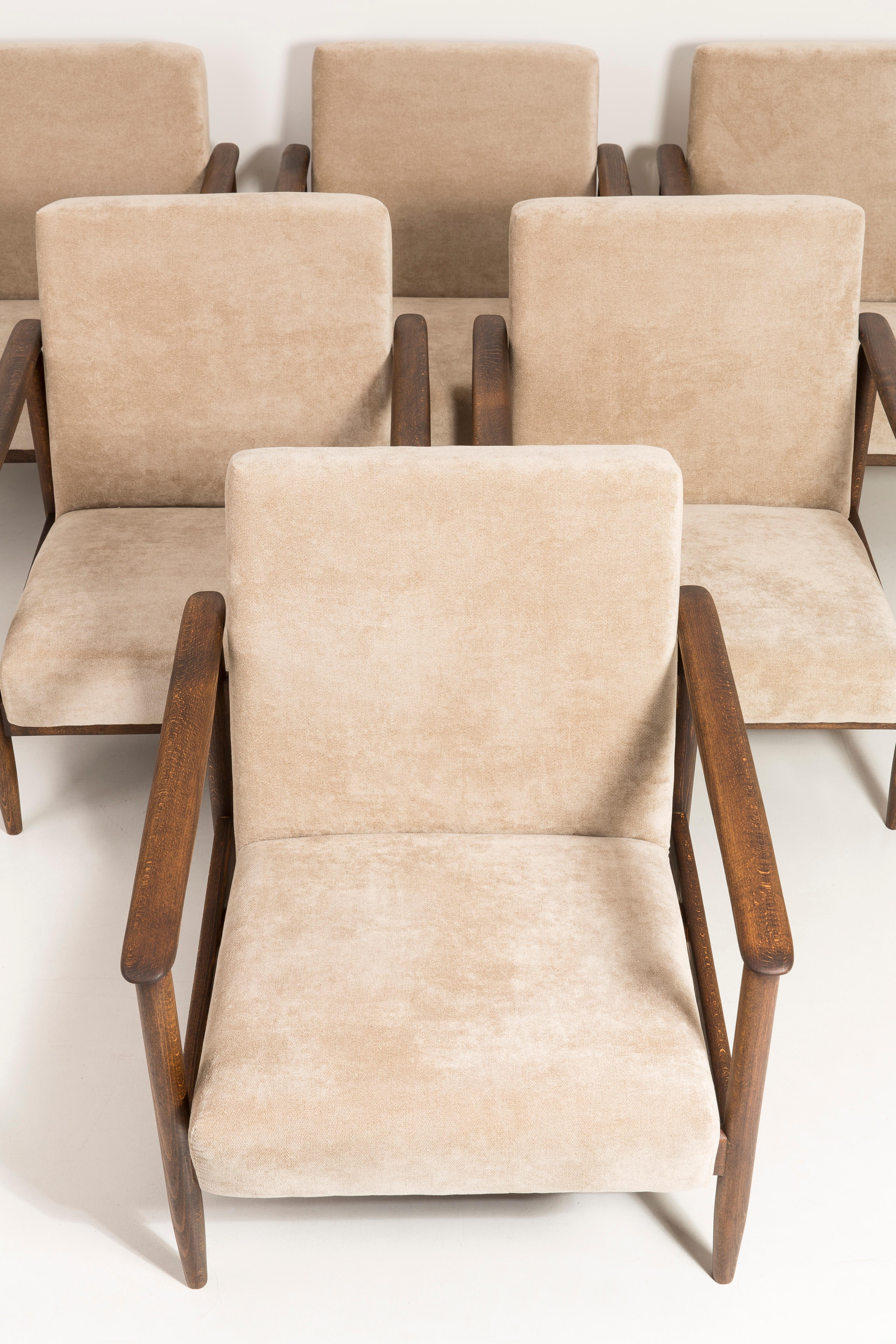 Textile Set of Six Mid-Century Modern Beige Armchairs, Edmund Homa, 1960s, Poland For Sale