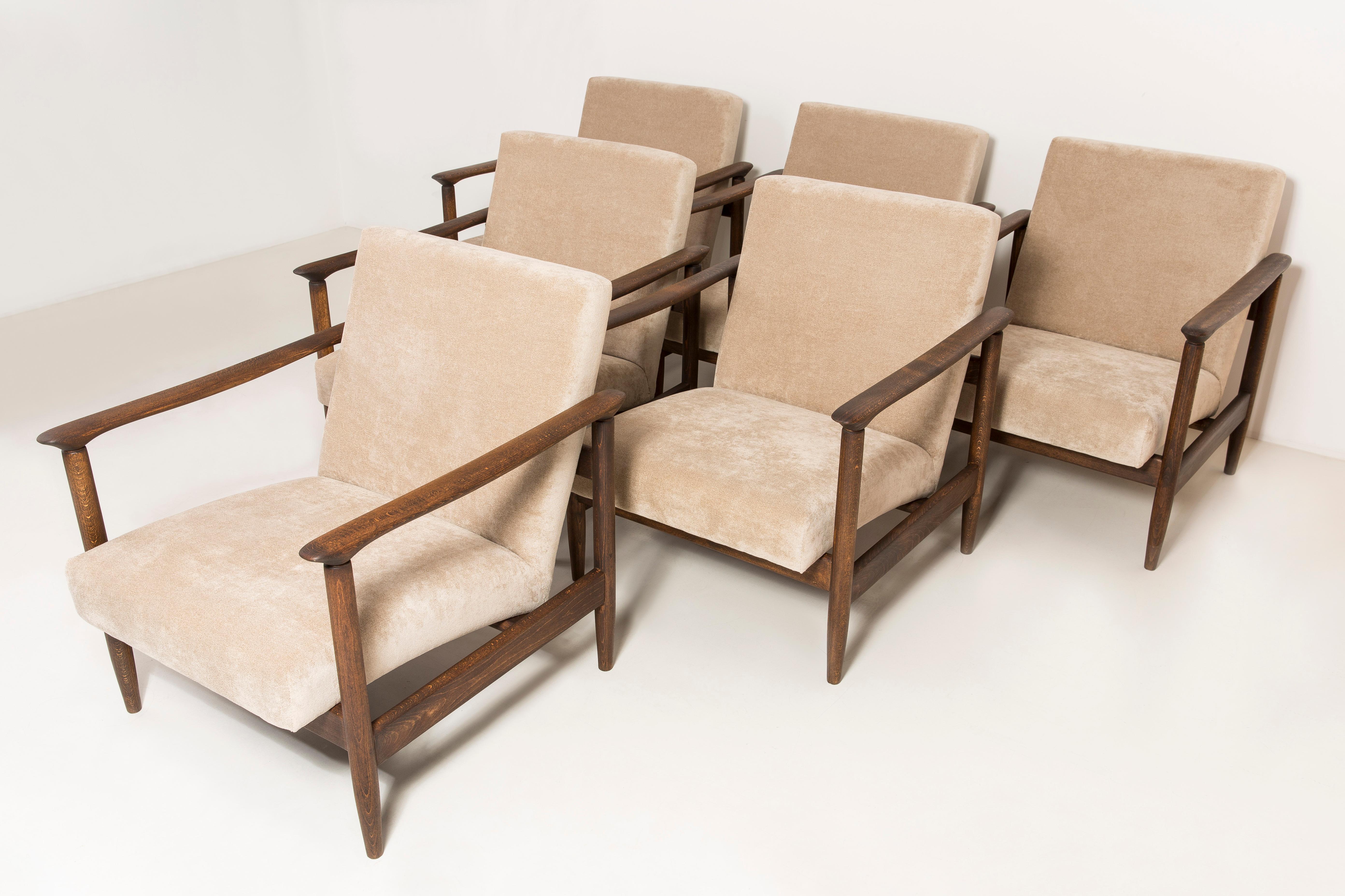 Set of Six Mid-Century Modern Beige Armchairs, Edmund Homa, 1960s, Poland For Sale 2