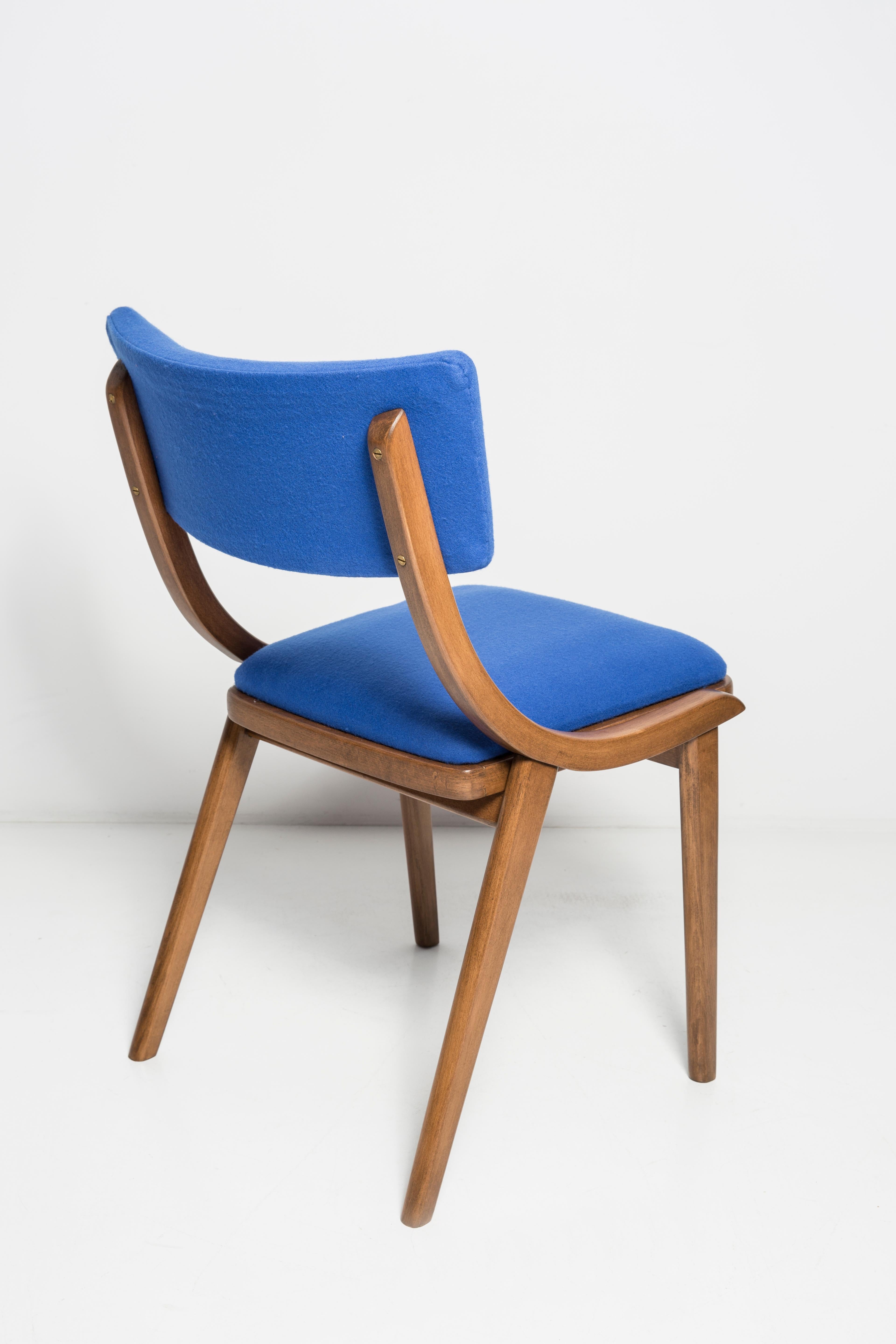 20th Century Set of Six Mid Century Modern Bumerang Chairs, Royal Blue Wool, Poland, 1960s For Sale