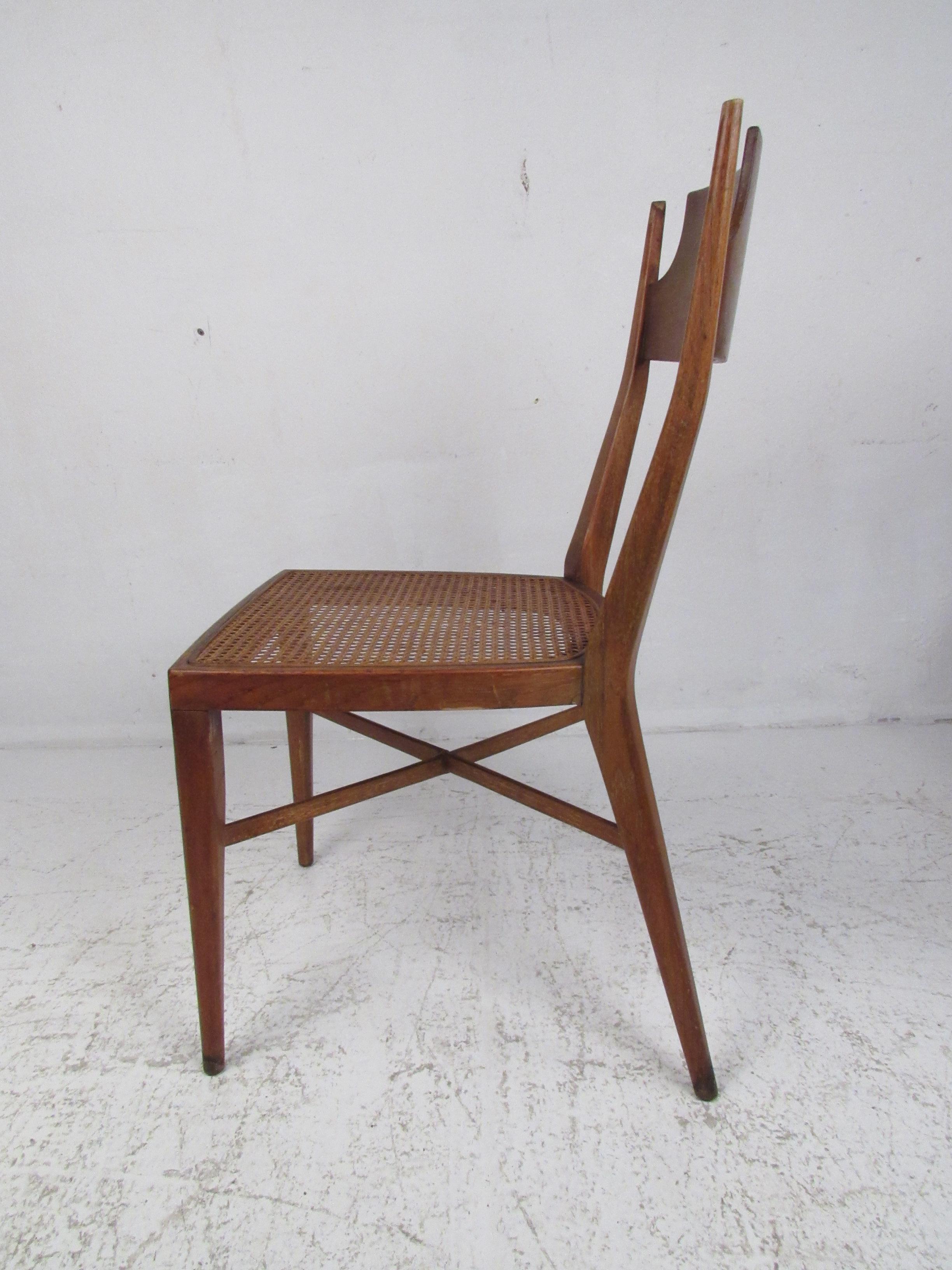 Set of Six Mid-Century Modern Cane and Walnut Dining Chairs In Good Condition For Sale In Brooklyn, NY