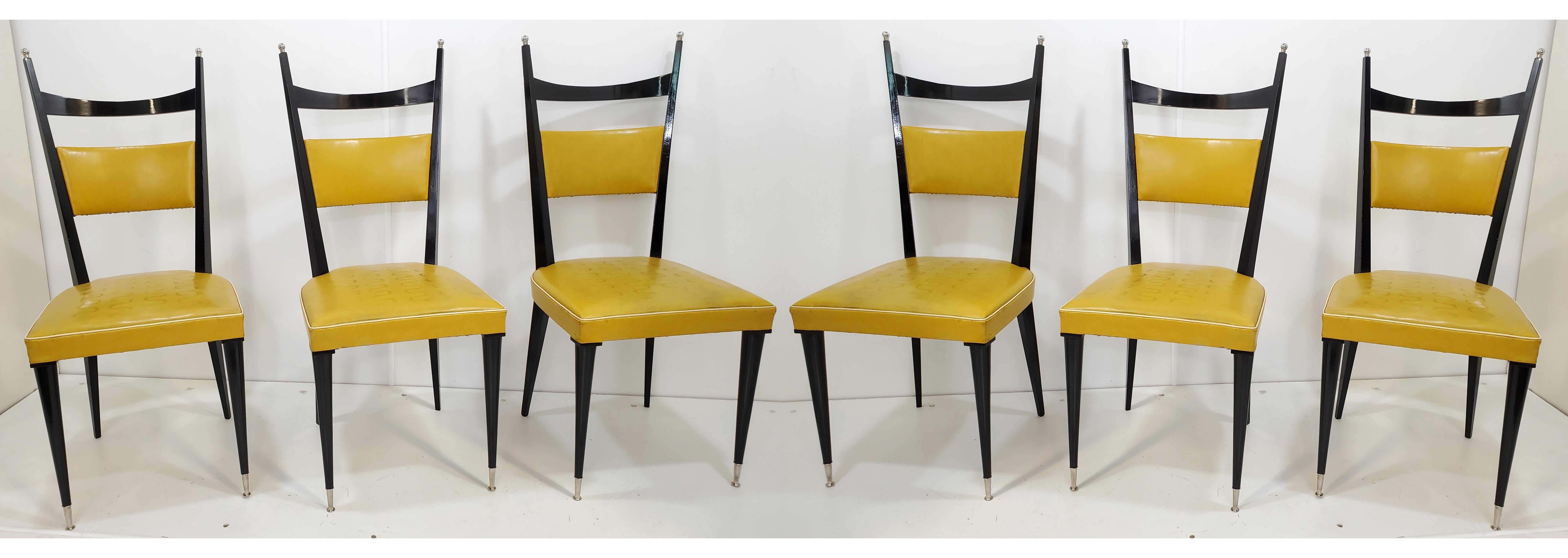 Set of Six Mid-Century Modern Chairs in Ebonized Wood with Nickel Balls & Sabots 14