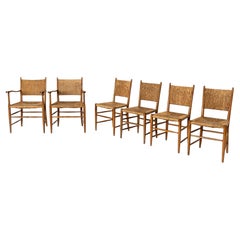 Set of Six Mid-Century Modern Chairs with Oak and Straw