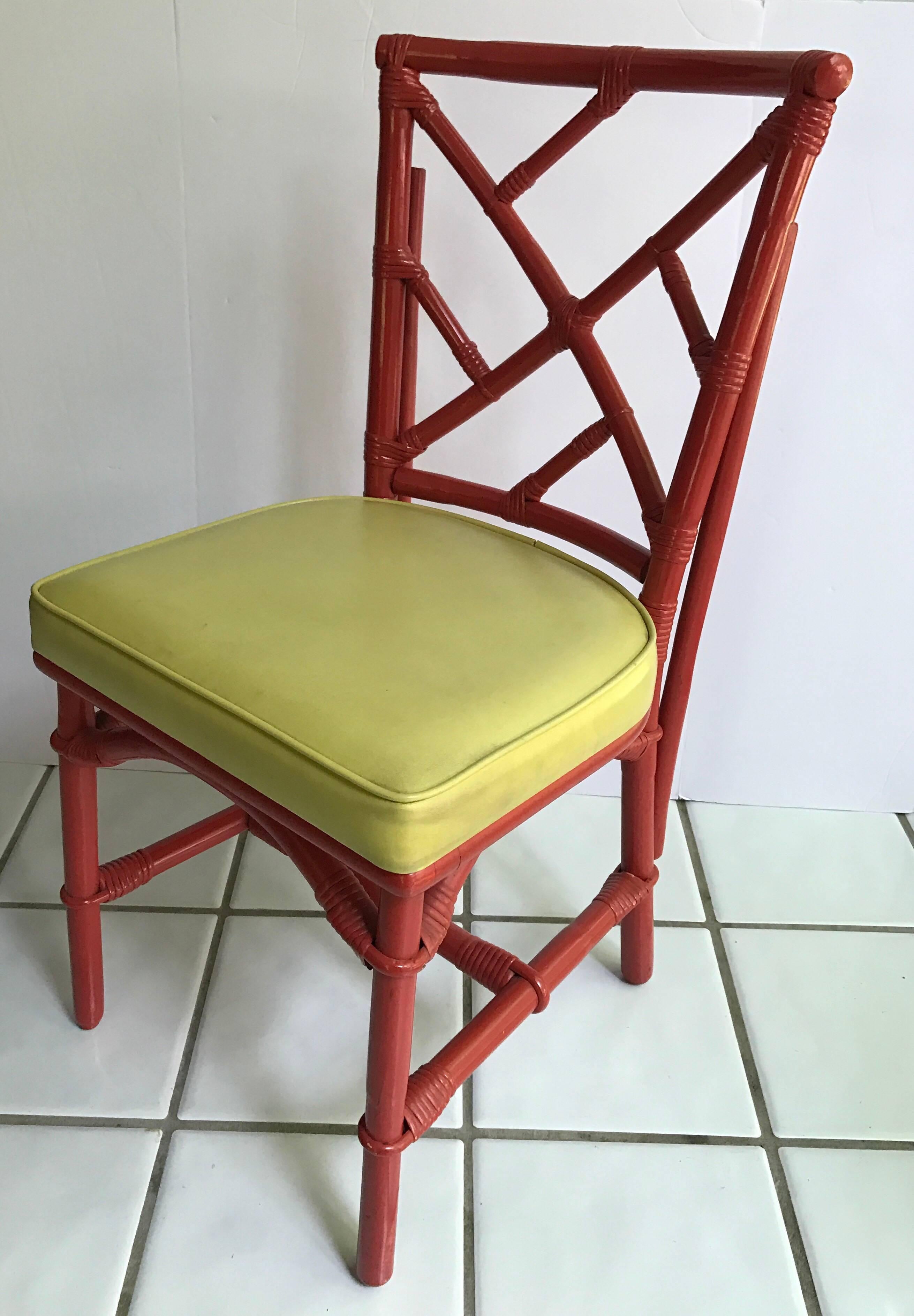Set of Six Mid-Century Modern Chinese Chippendale DIA Bamboo Red Chairs In Excellent Condition In West Hartford, CT