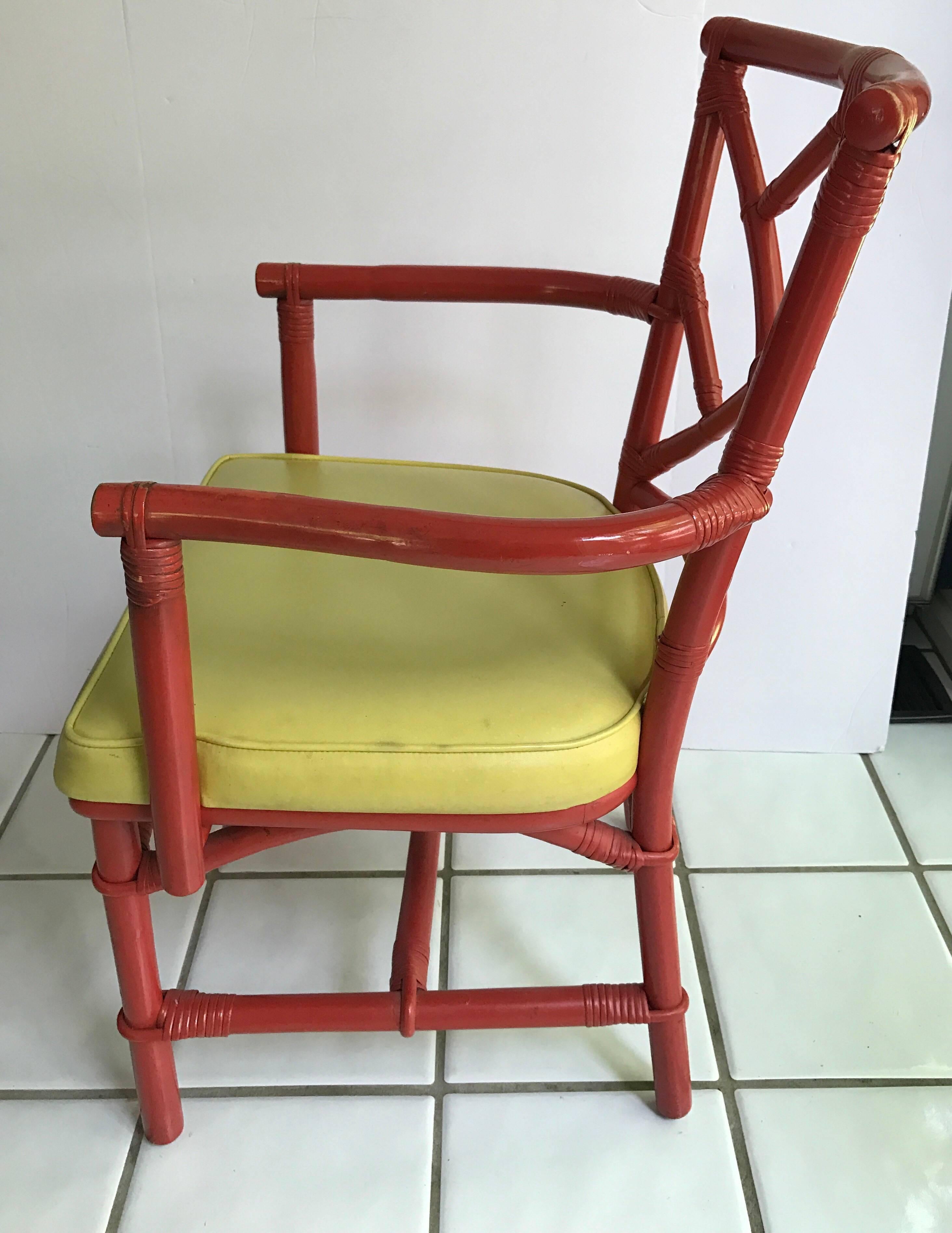 Late 20th Century Set of Six Mid-Century Modern Chinese Chippendale DIA Bamboo Red Chairs