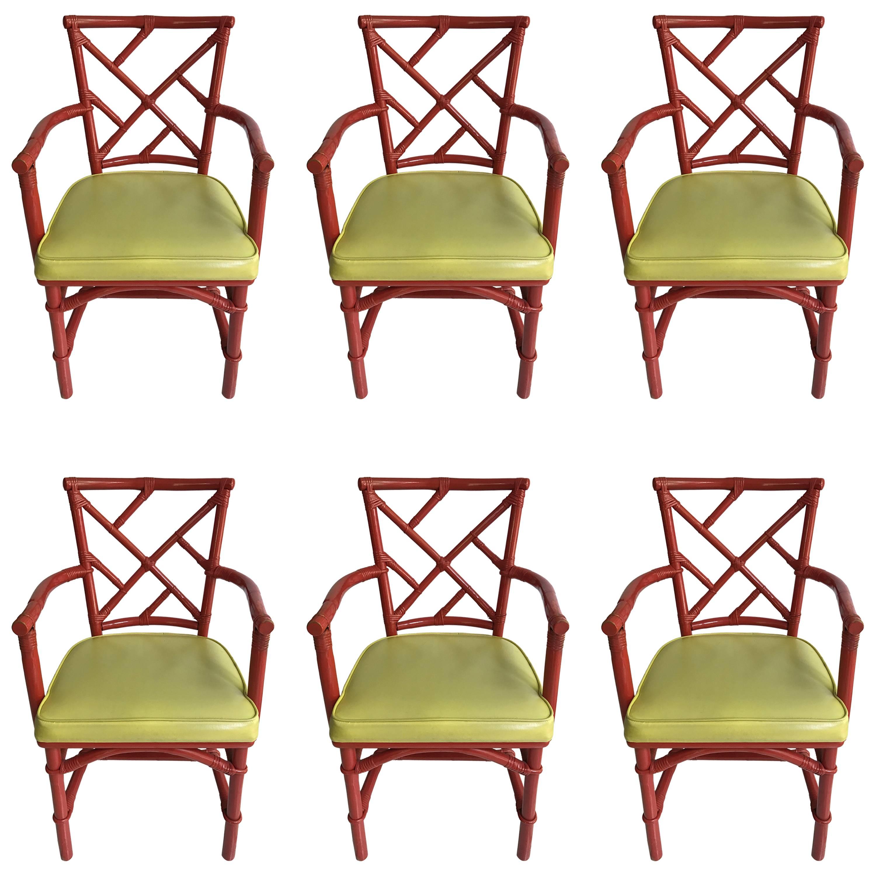 Set of Six Mid-Century Modern Chinese Chippendale DIA Bamboo Red Chairs